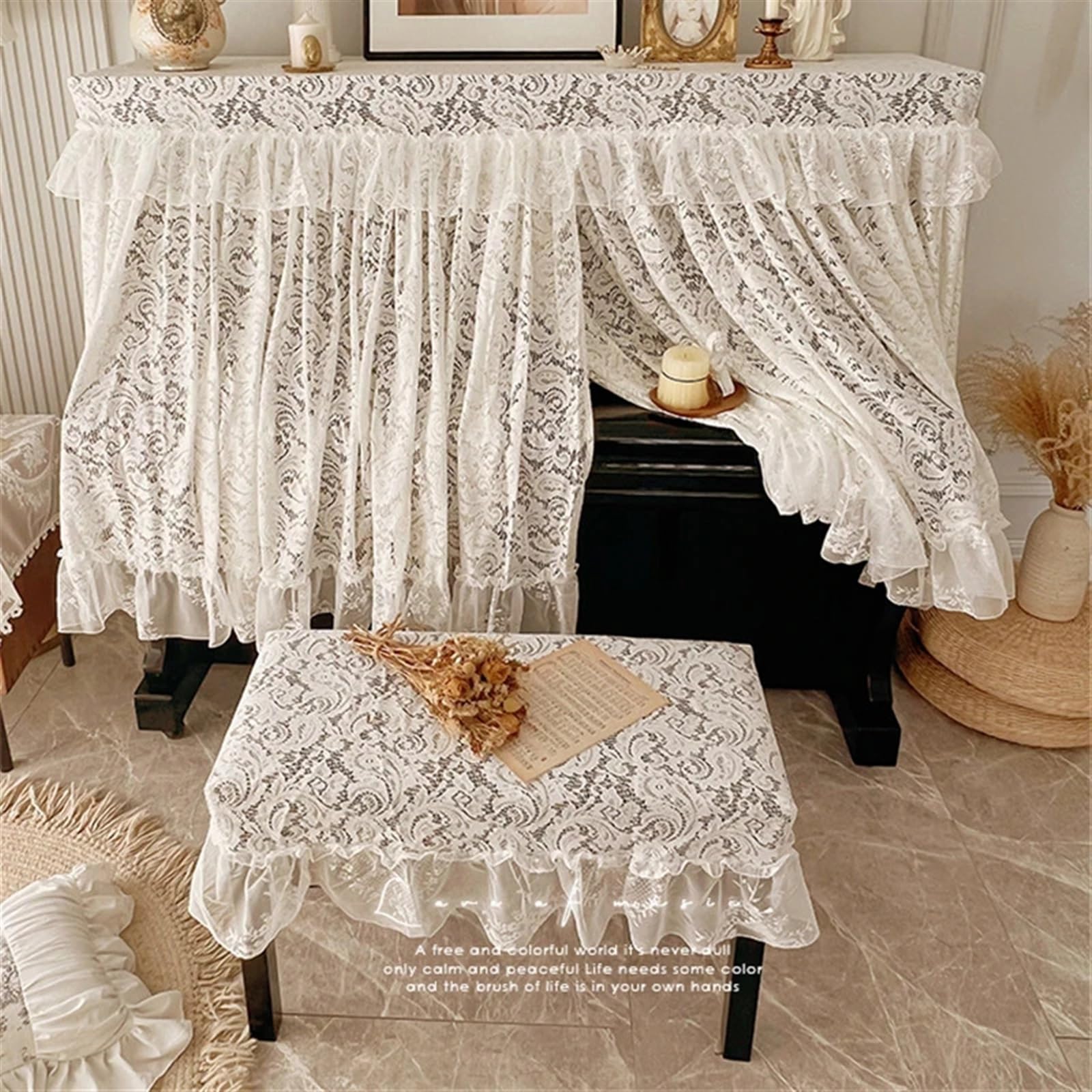 Copertura per Pianoforte Coprisedia for Pianoforte, Set di coprisedie in Pizzo Bianco, Elegante coprisedia for Pianoforte Verticale, Floreale e Pastorale(M)