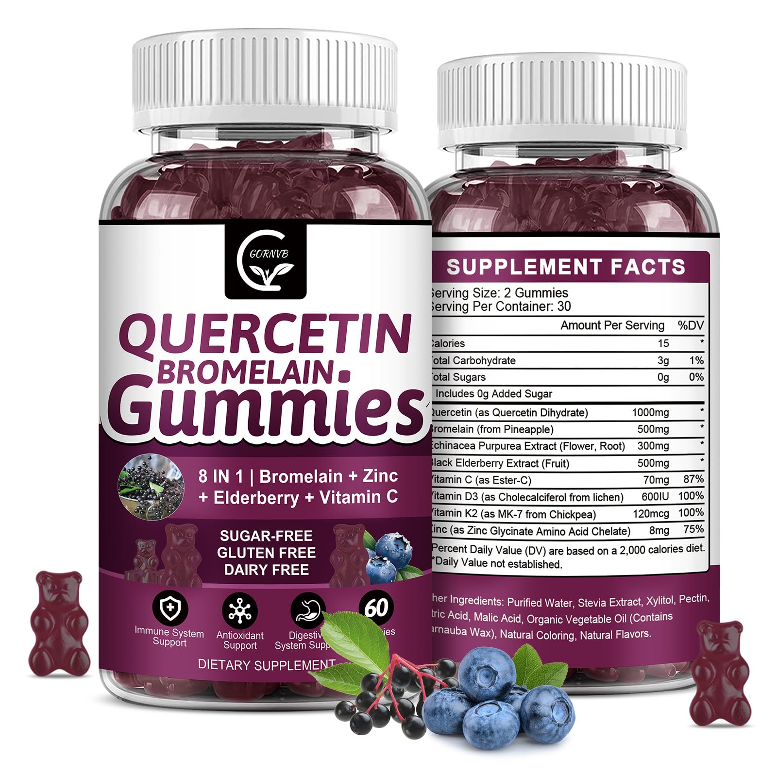 Quercetin Gummies 1000mg with Bromelain Zinc Elderberry Vitamin C,D3,K2 60 Count (Pack of 1)