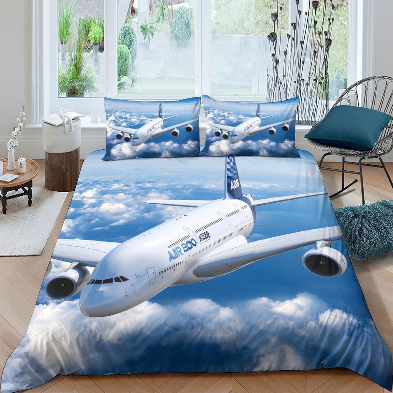 Ctjqhvkz Style-6 3D Printed Airplane Sky Fitted Sheet Microfiber Soft Blue Cloud Bedroom Bed Cover For Mattress Protection Decor Single（135X200cm）