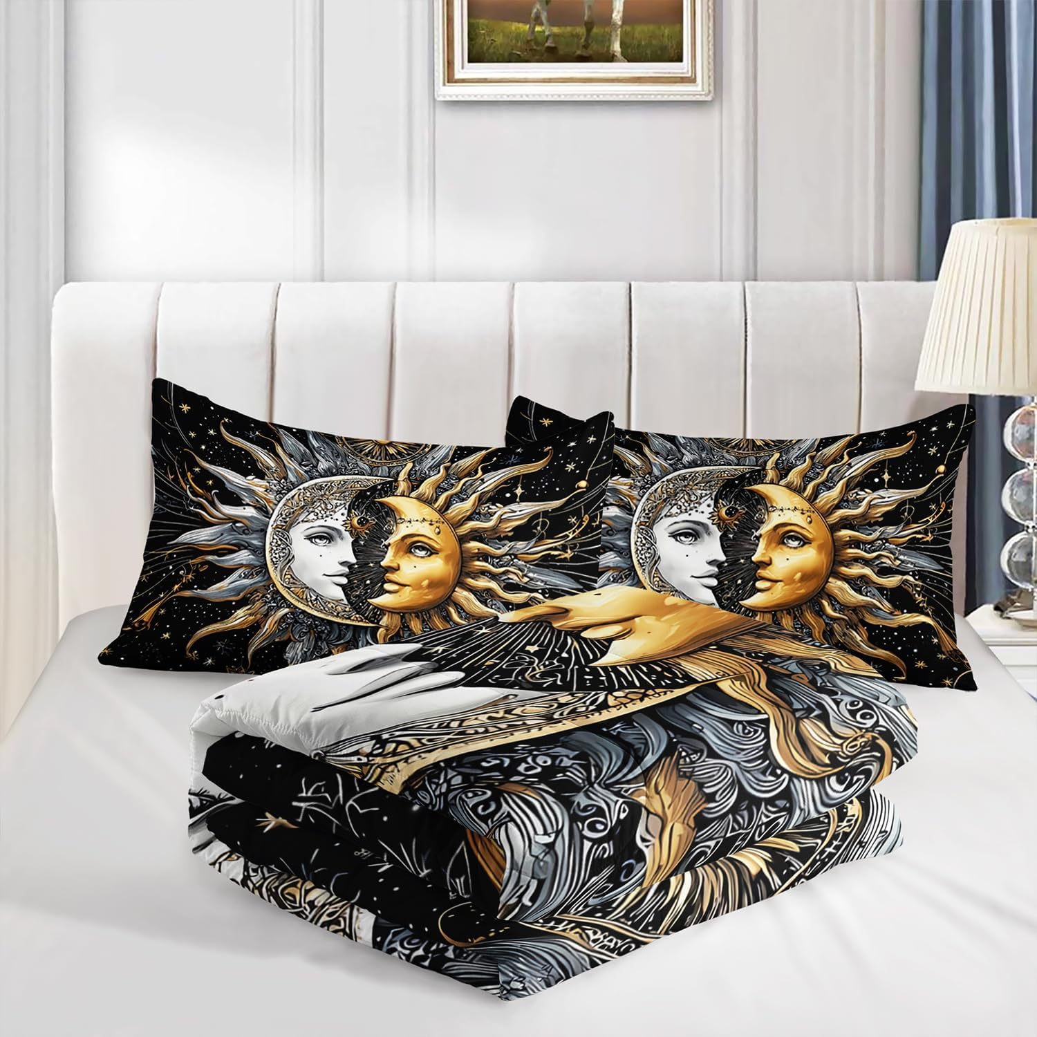Sun Moon Star Comforter 3Pcs Queen Mystic Celestial Galaxy Night Starry Space Bedding Set for Kid Teen Girl Boy Adult Occult Crescent Psychedelic Quilt Bed Decor with 1 Comforter+2 Pillowcases - Image 8