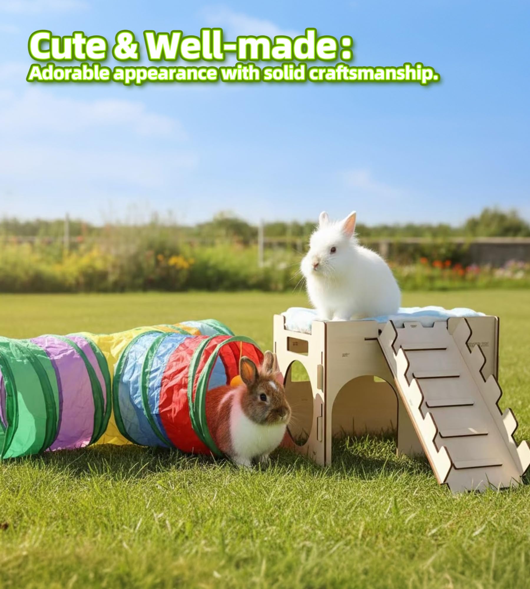 hiimalex Caja de regalo de conejo: castillo de conejo con rampa, cama de felpa, túnel colorido para conejos de interior para jugar, esconder casa con escaleras, tubo, cama de felpa para conejos,