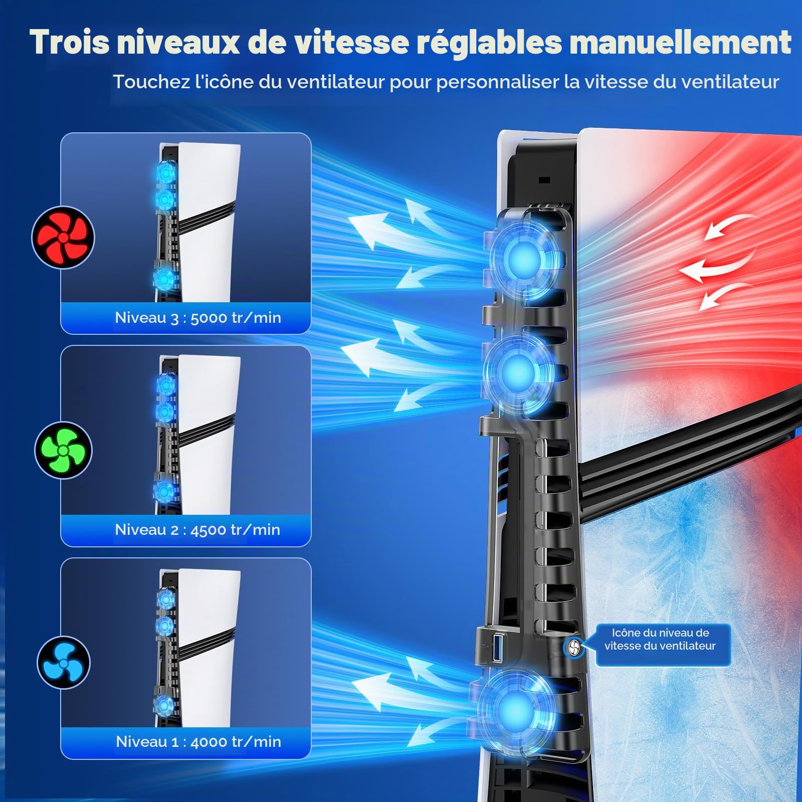 FASTSNAIL Ventilateur de refroidissement pour console PS5 Pro/Slim, vitesse automatique réglable par température, mise sous tension automatique et mode manuel, 3 ventilateurs haute vitesse et port USB