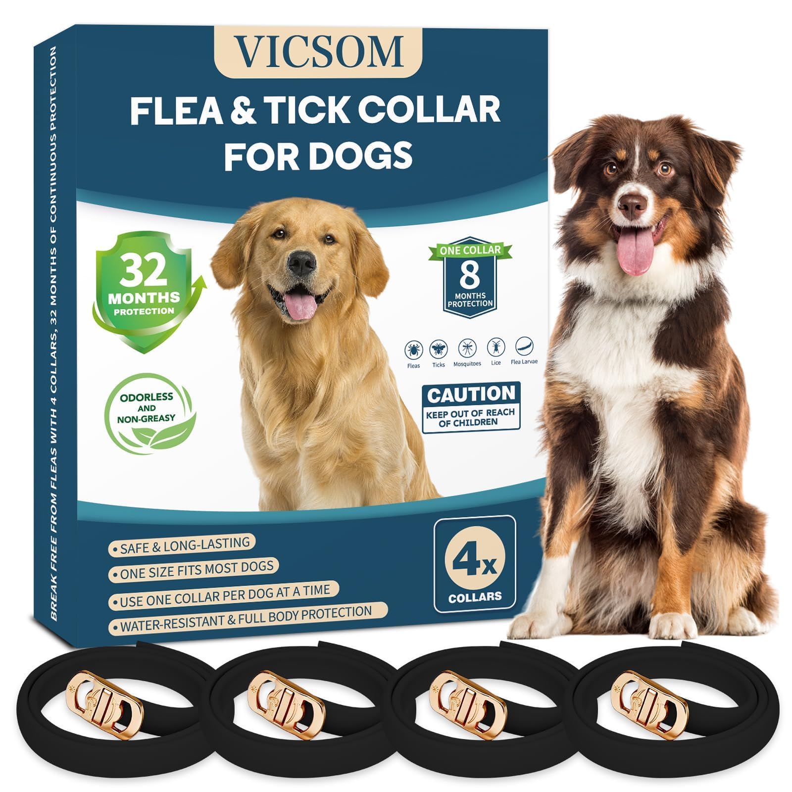 4 Pack Flea & Tick Protection for Dogs, 32-Month Waterproof Adjustable Repellent Collar, Long-Lasting Pest Prevention for Small Medium Large Breeds, Black