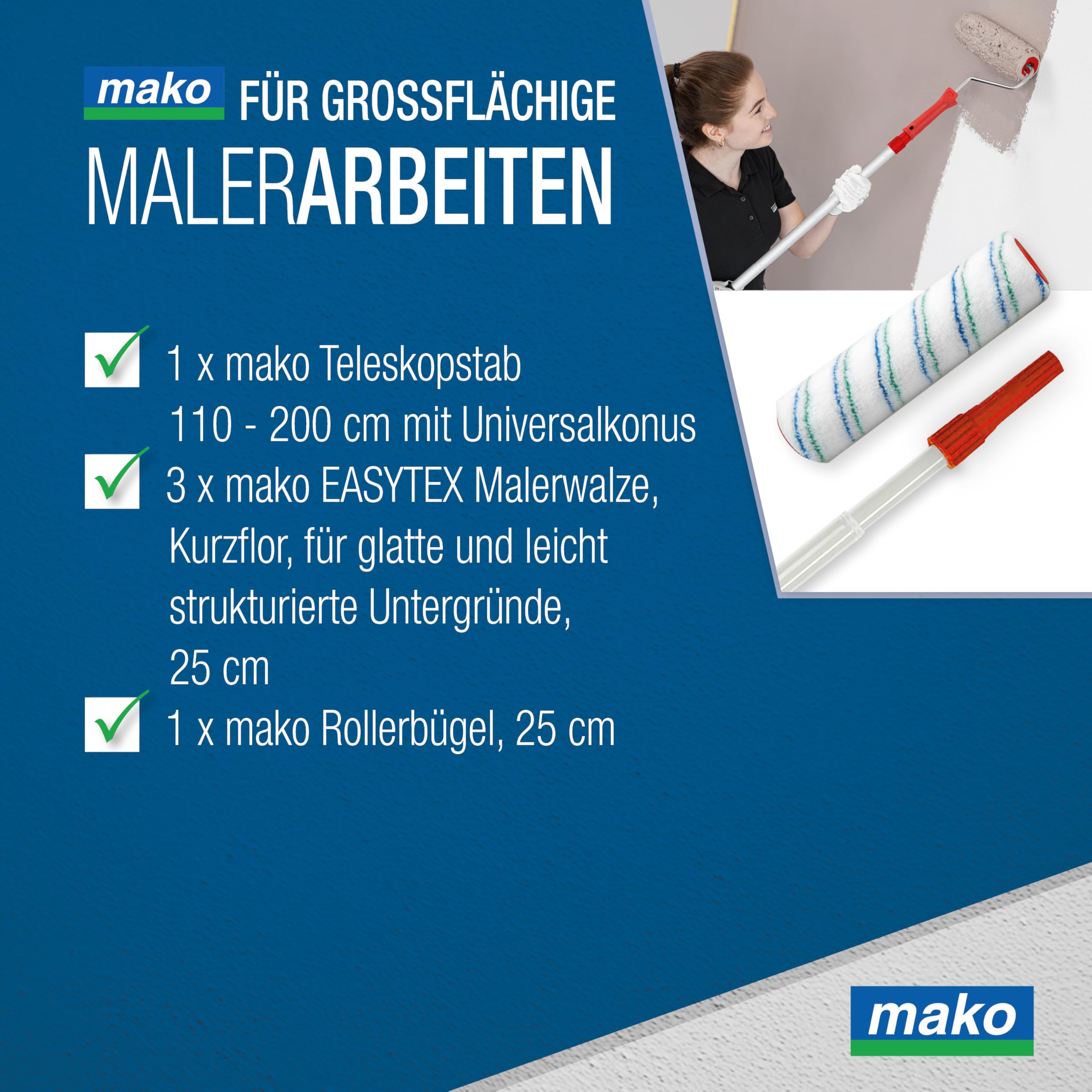 mako PROFI Farbroller EASYTEX 25 cm mit Teleskopstab 110-200 cm, inkl. 3 Malerwalzen, Farbroller für alle Heim- und Handwerker-Malerprojekte, Malerwerkzeug in Profi Qualität
