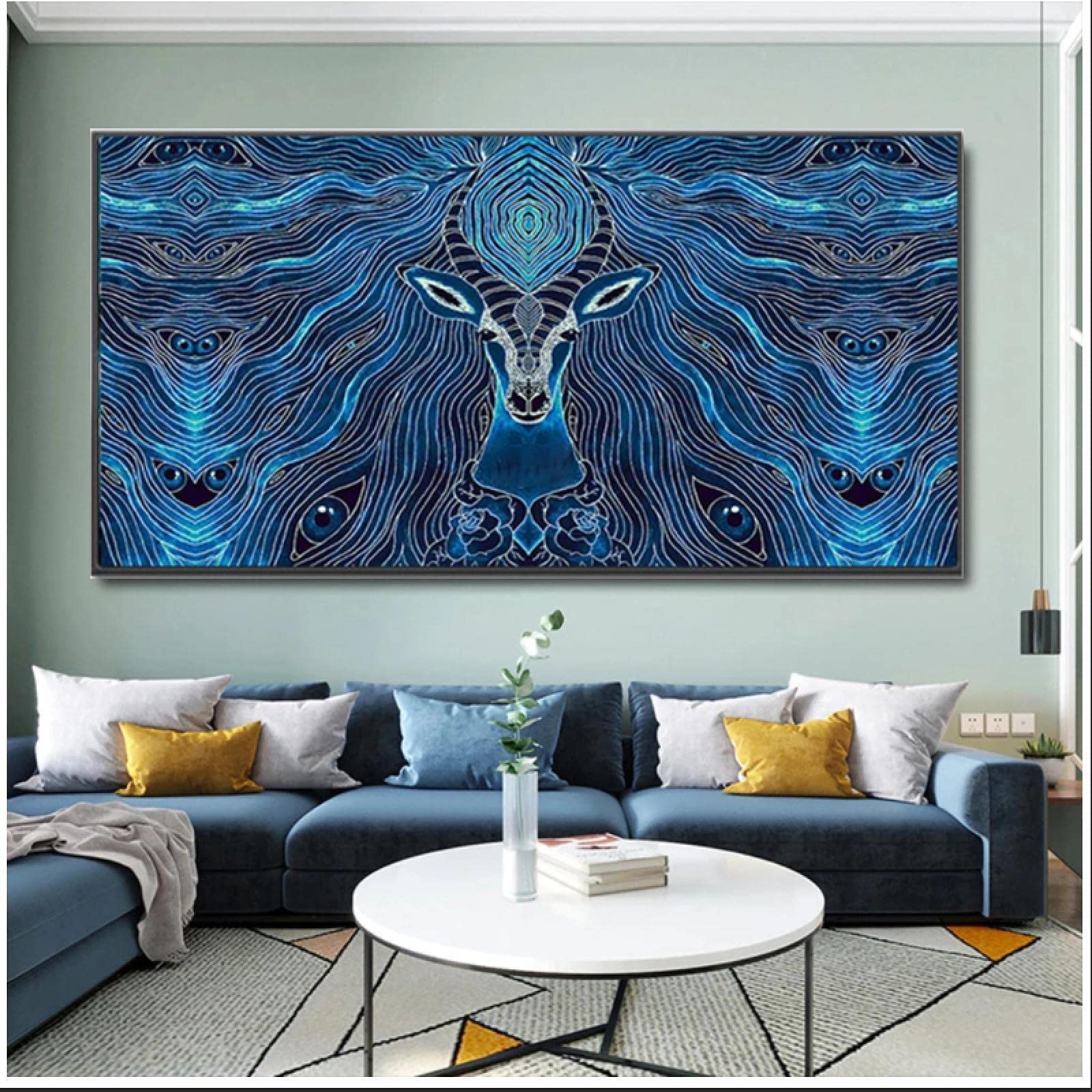 Amazon.co.jp: 北欧のヤギ抽象キャンバス絵画ブルーラインウォール