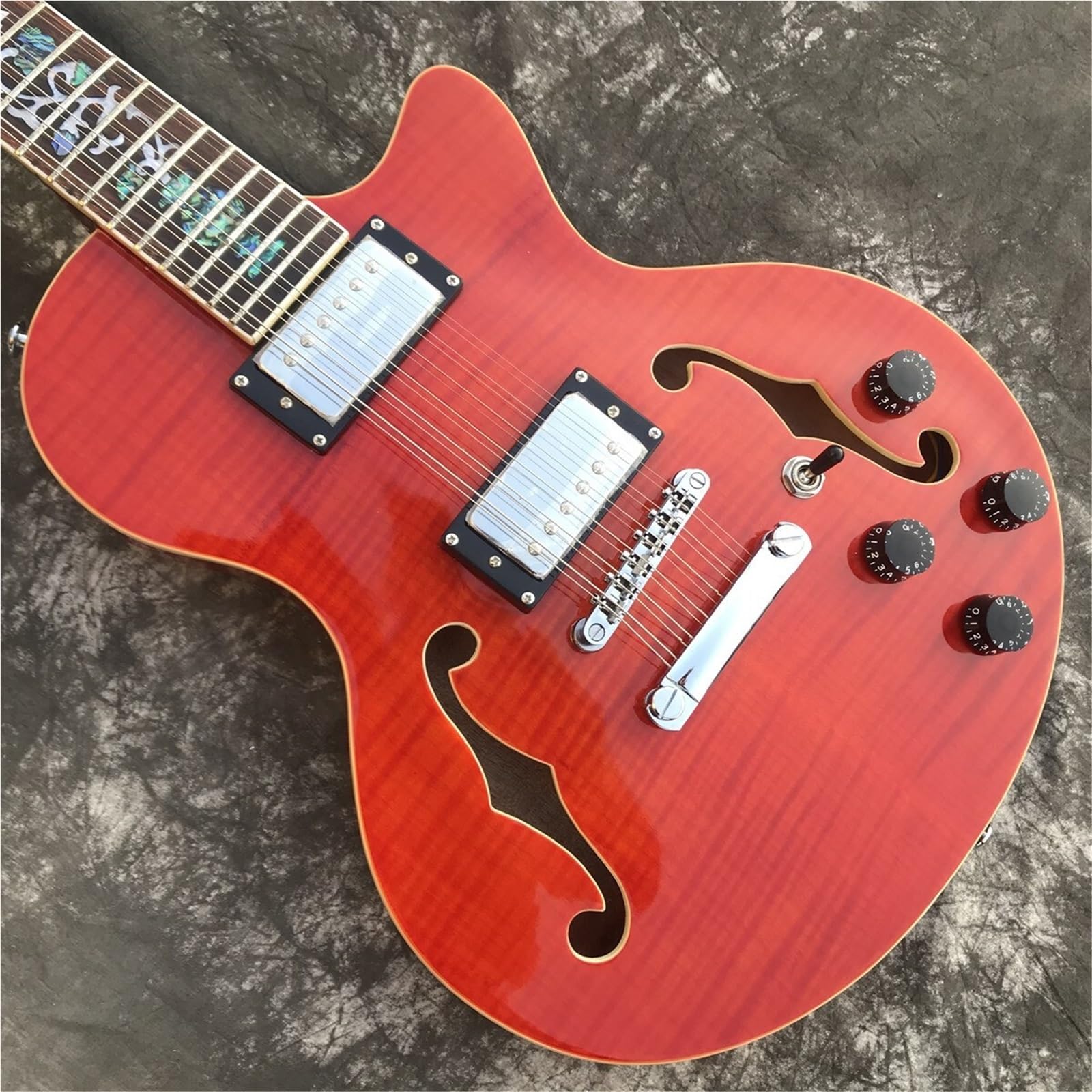 Standard Gitara Elektryczna Profesjonalny 12 Strunowy Pomarańczowy Płomień Klon Semi Hollow Jazz Gitara Elektryczna Humbucker Pickup