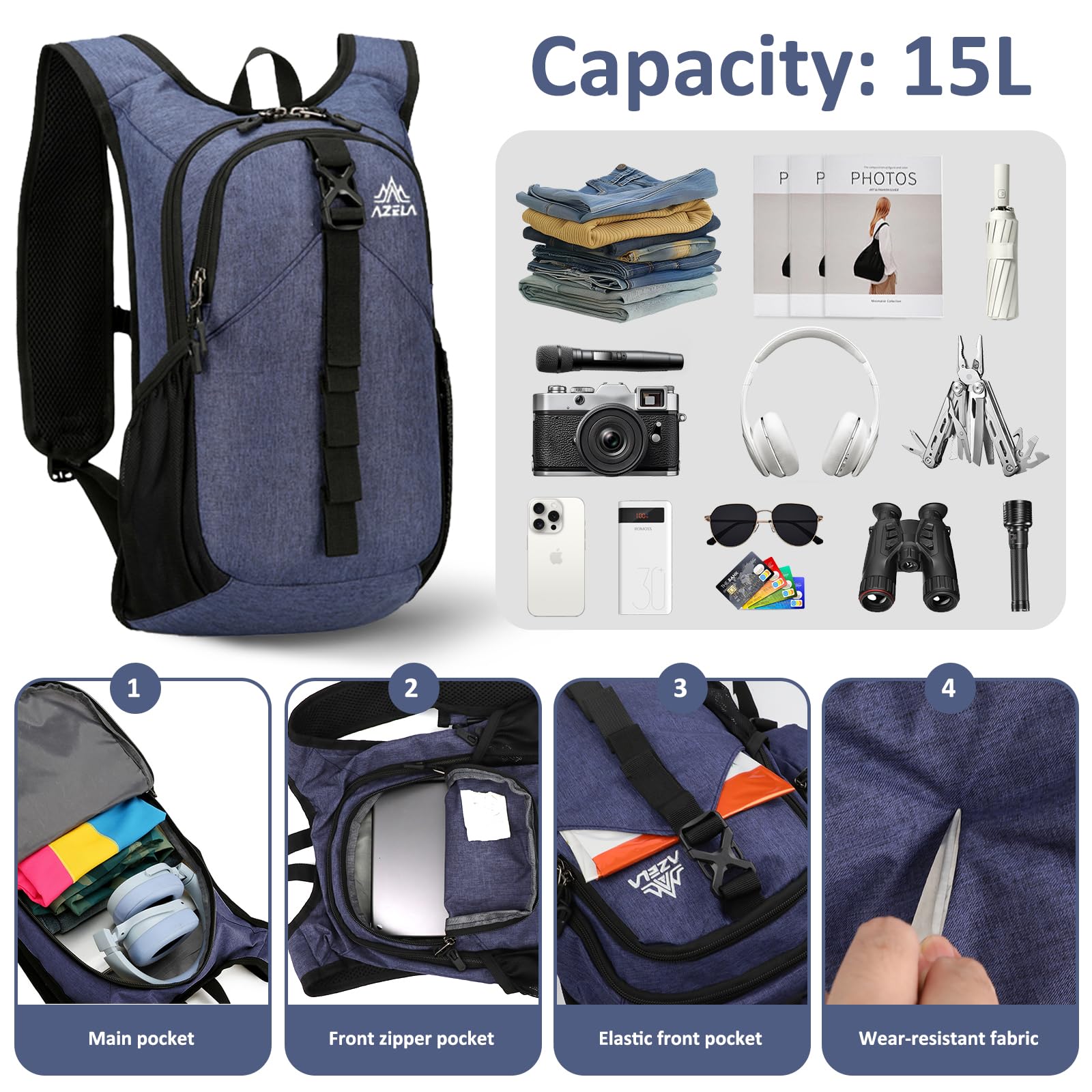 Mochila plegable gris ultraligera de 15 l, impermeable, mochila de viaje, mochila de senderismo para trekking, negocios, viajes cortos al aire libre, hombre y mujer