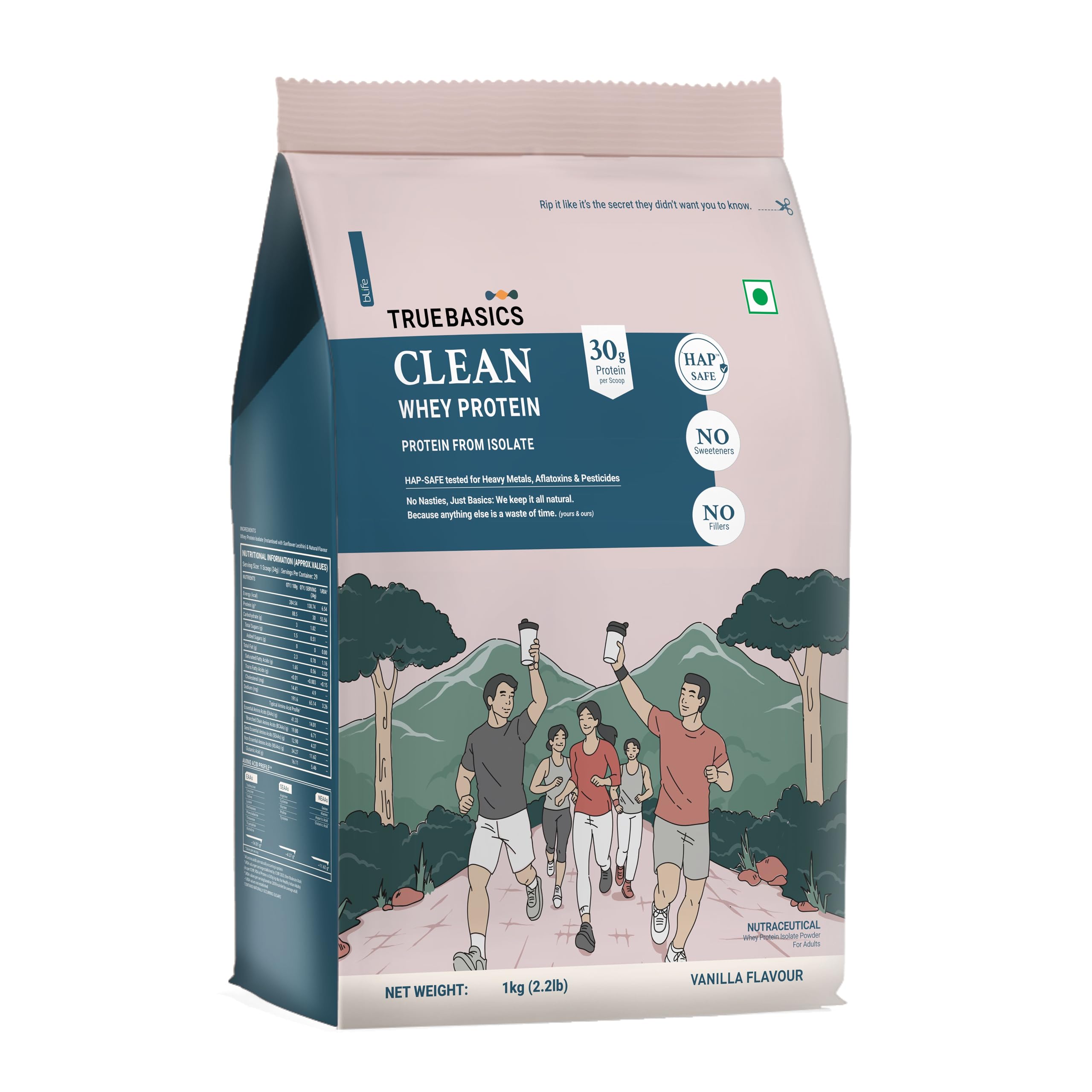 TrueBasics Clean Whey 100% Protein Isolate Powder (Vanilla, 1kg) | 30g Protein per Scoop