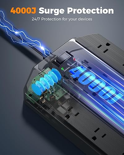 Miniatura 2 de TESSAN - Protector de sobretensiones 4000J, cable de extensión resistente de 22 salidas con 4 puertos USB (2 USB C), 1875 W, 15 A, enchufe plano,