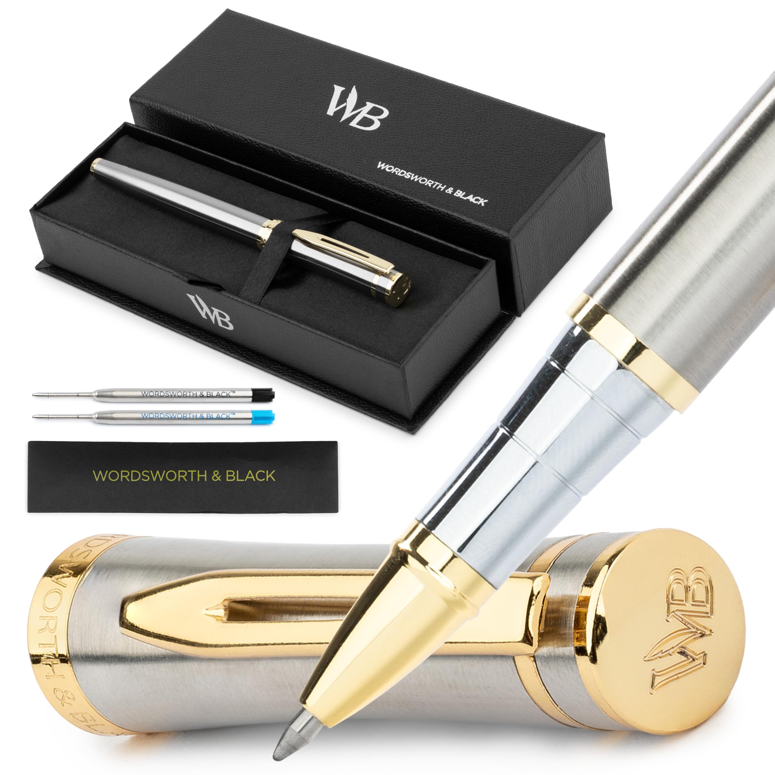 Wordsworth & Black Rollerball Pen - Penna di Lusso - Finitura Oro 24K, Lacca Argento, Ricarica di Inchiostro, Ricaricabile, Regalo per Uomini & Donne, Scrittura Professionale, Belle Penne Eleganti