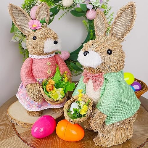 Miniatura 5 de Juegoal Juego de 2 figuras de conejo de Pascua de pie, 13.8 pulgadas, hechas a mano, estatuas de mesa de conejos de Pascua, lindos accesorios de