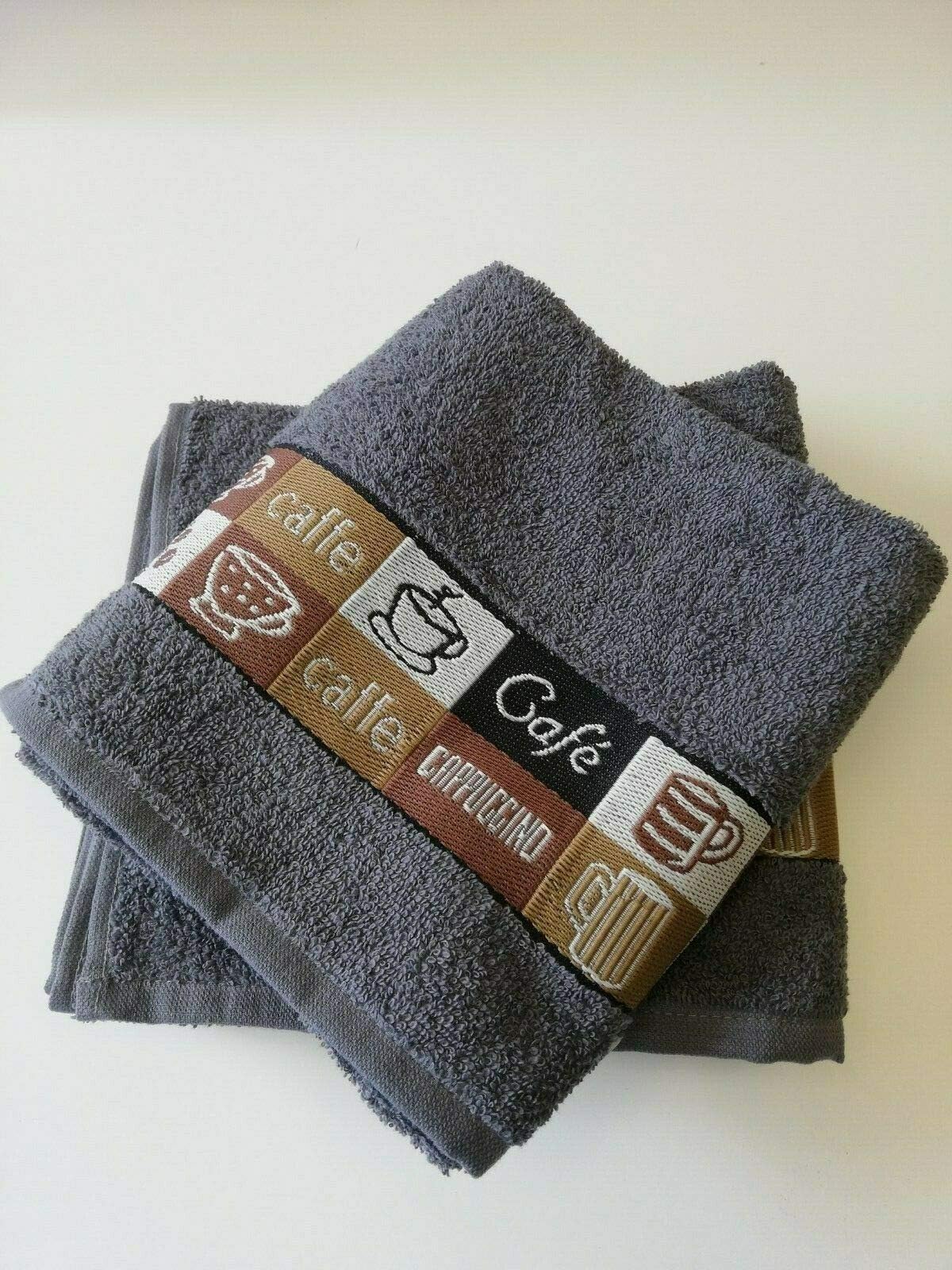 Pack of 3 Luxury Cafe Cafe 100% Cotton Embroidered Hand Kitchen Tea Towels (grey)