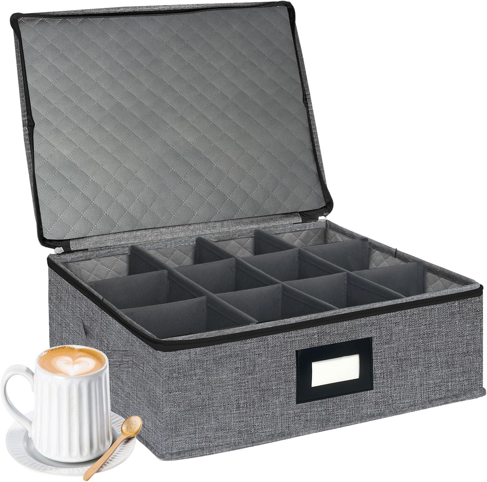 Cup and Mug Storage Box with Dividers, China Storage Containers Holds 12 Coffee Mugs and Tea Cups with Lid and Handles, Hard Top, Sides and Stackable for Moving & Packing (Dark Grey)