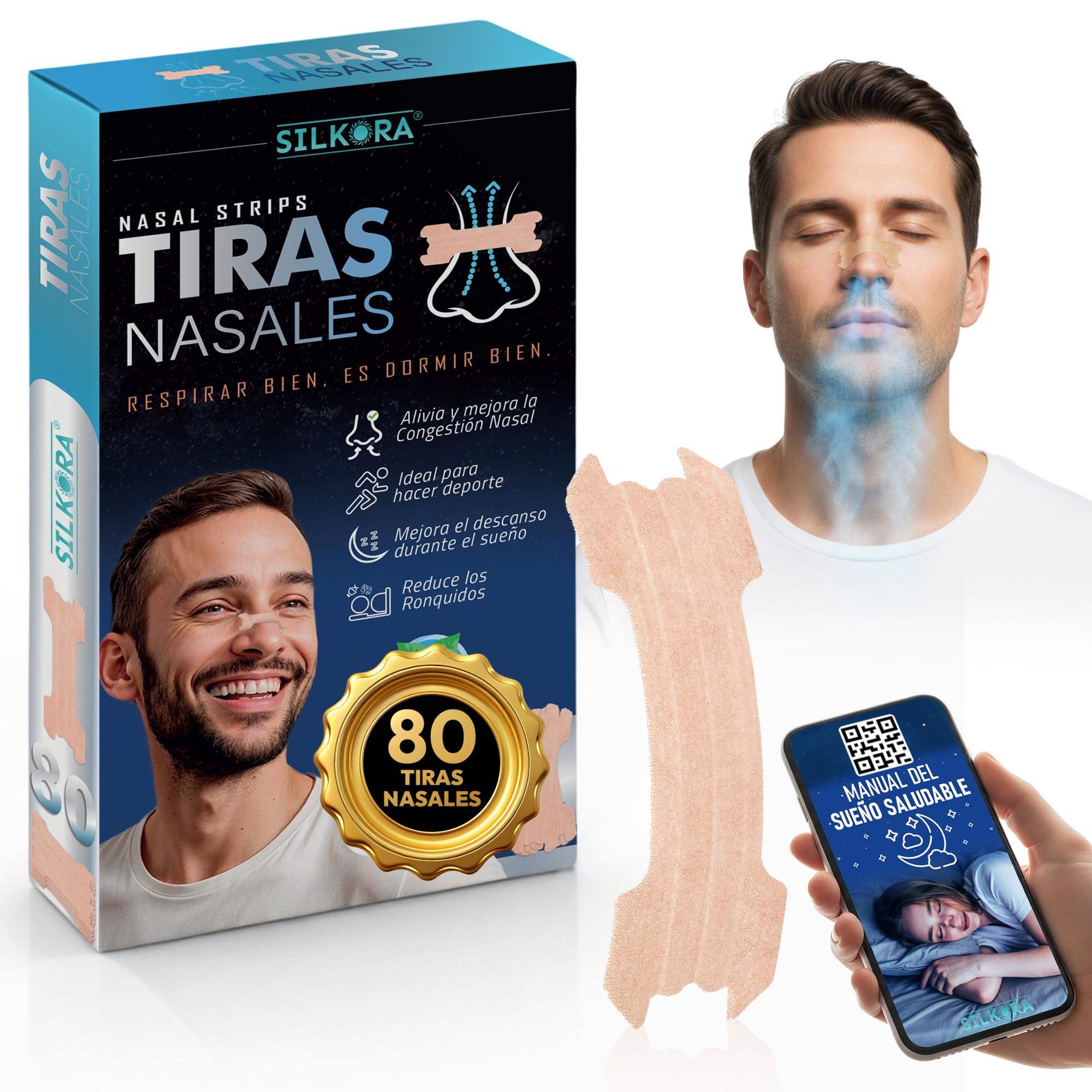 80 PACK PREMIUM - Tiras nasales antirronquidos para Dormir y Deportivas PREMIUM | Tiras Nasales Anti-ronquidos | Nose Strips| Breathe Right | Nasal Strips para Respirar Mejor Por la Nariz
