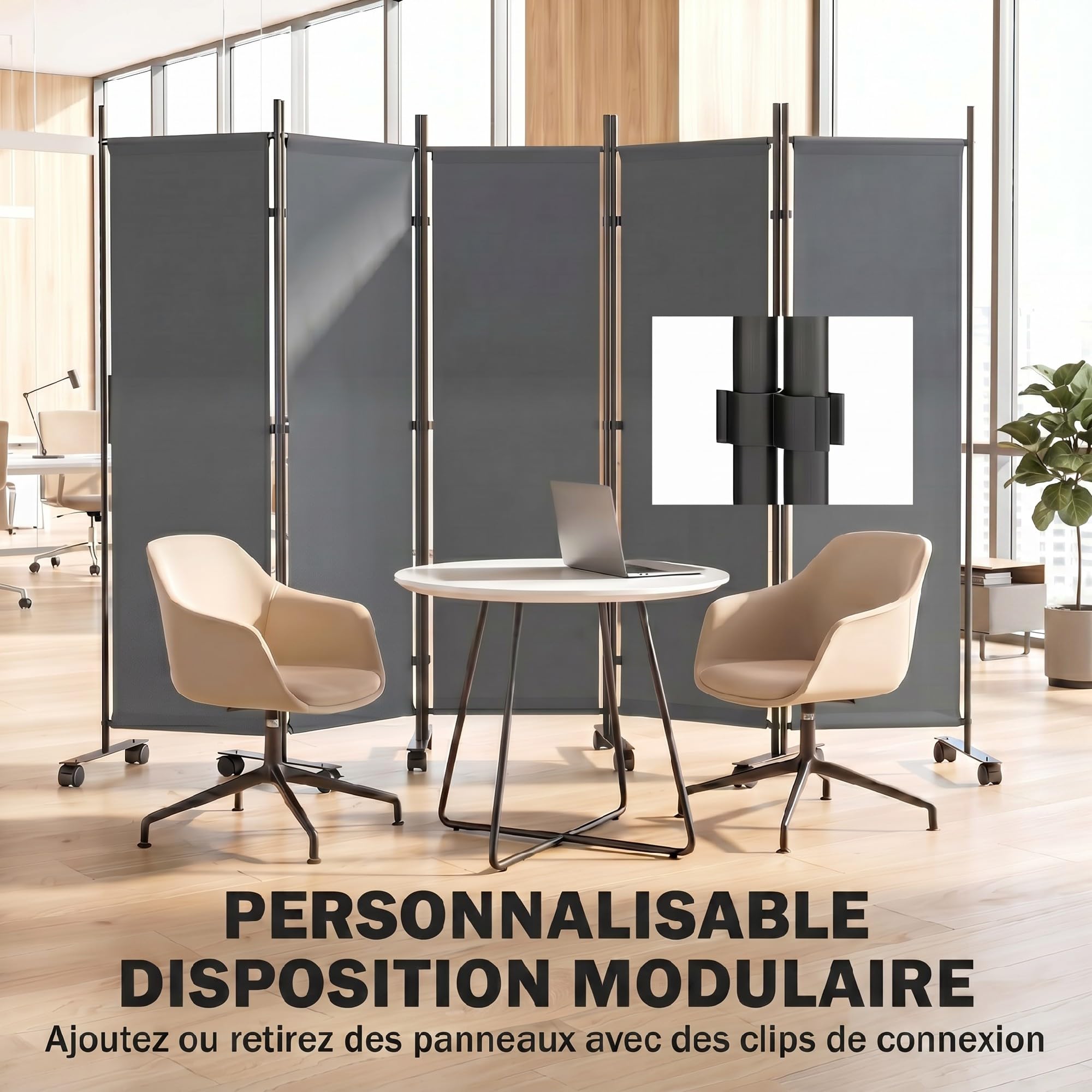 Outsunny Paravent 5 Panneaux 252 x 170 cm Pliant Intérieur Gris Foncé