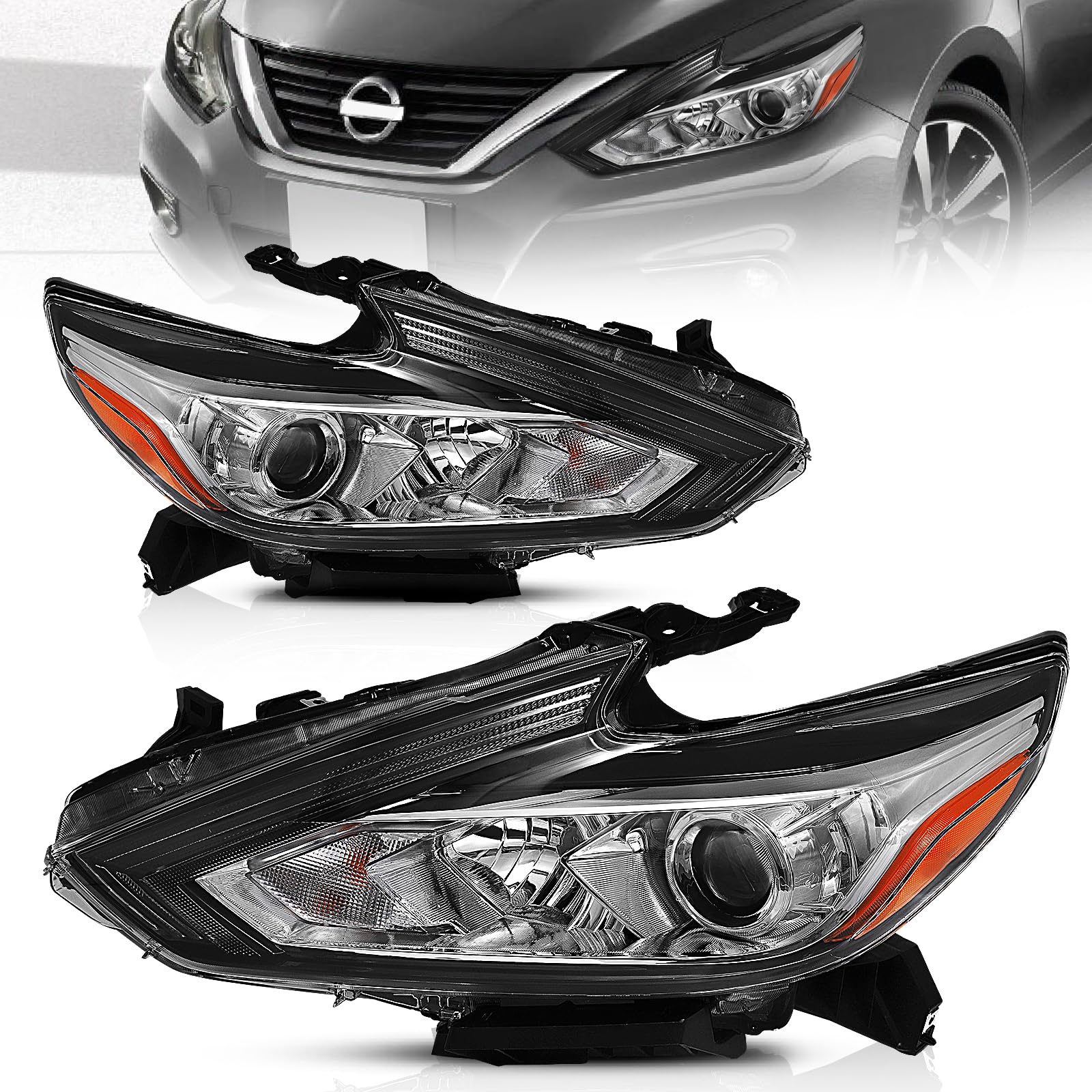 ELH Headlight Assembly Fit For 2016-2018 2016 2017 2018 16 17 18 Nissan Altima Chrome Housing - Left And Right Side