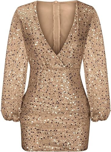 Miniatura 2 de XUNRYAN Vestidos de lentejuelas para mujer, manga larga con purpurina brillante, cuello en V profundo, formal, mini vestido de fiesta de noche