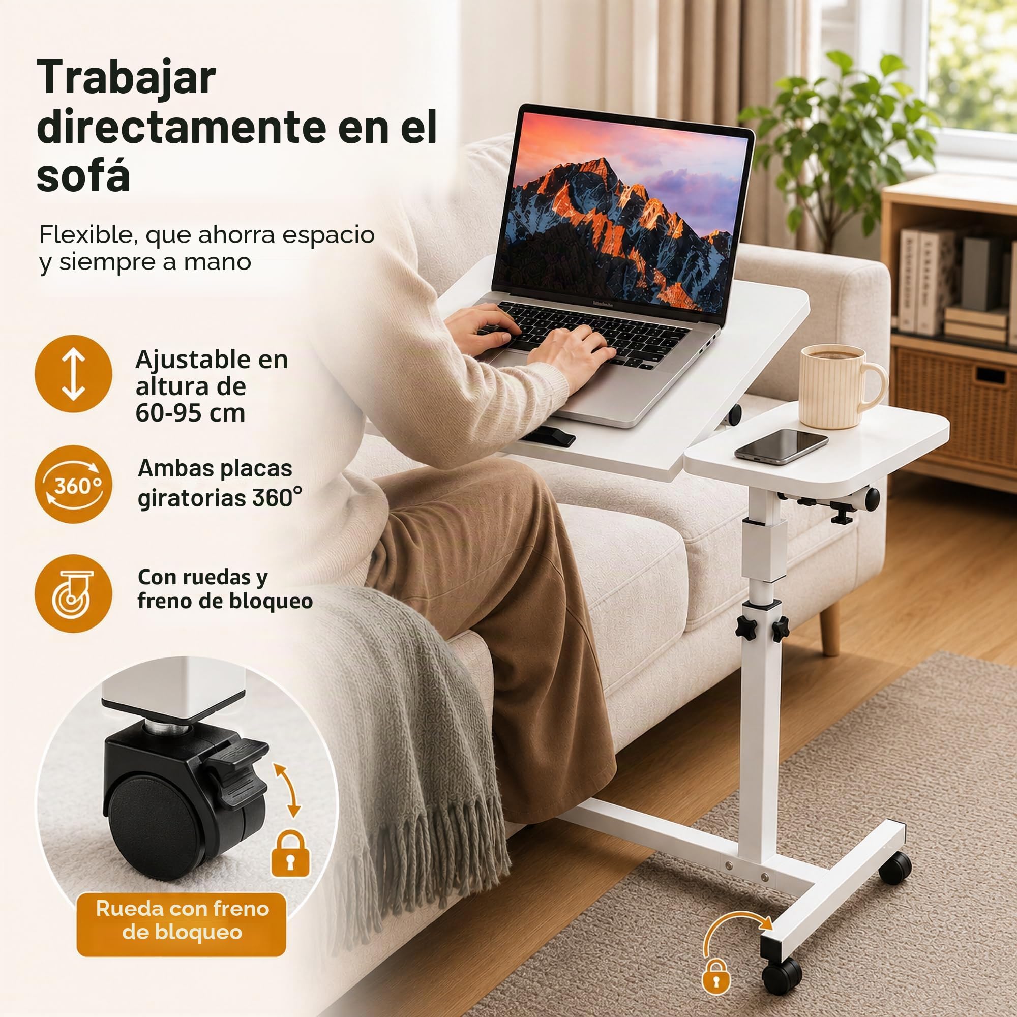 Mesa Auxiliar Plegable con Ruedas, 60 X 40 cm, Blanca | Altura 60–95 cm, Giro 360° y Frenos, Para Cama, Sofá, Madera y Marco Metálico
