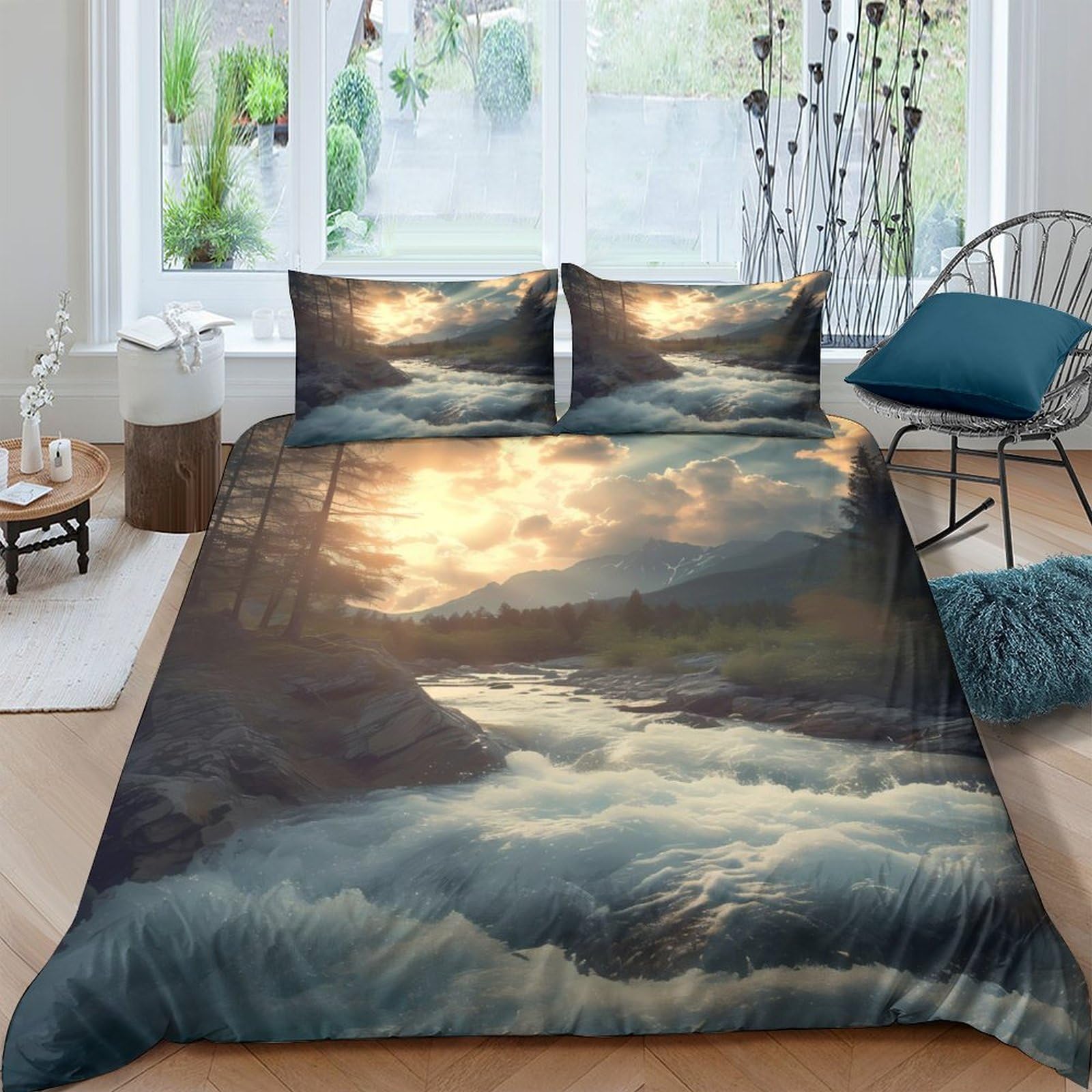 Ctjqhvkz Style-10 3D Printed Sunset River Fitted Sheet Microfiber Soft Breathable Cloud Mountain Bed Cover For Bedroom Decor Single（135X200cm）