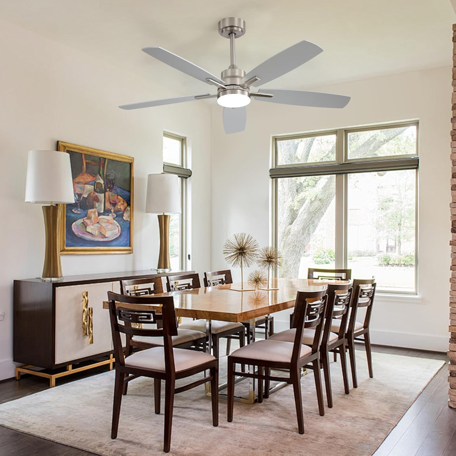 ARTPLAN 52 Inch Ceiling Fan with Light, Remote Control - 6-Speed Quiet DC Motor, Dimmable LED, Flush Mount for Bedroom/Living Room,Nickel