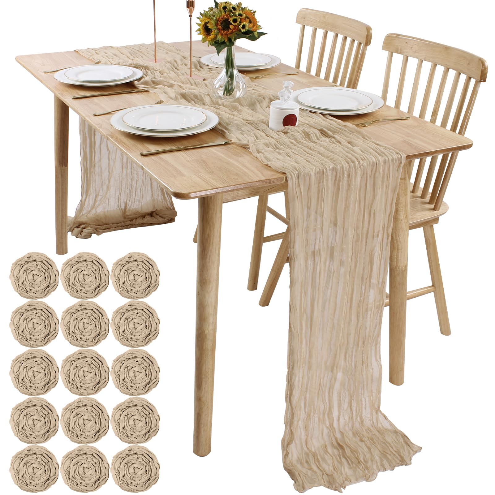 Sand Cheesecloth Table Runner - Boho Rustic Sheer Gauze - Bulk 10FT x 120 Inch - Perfect for Wedding, Baby Showers, Parties