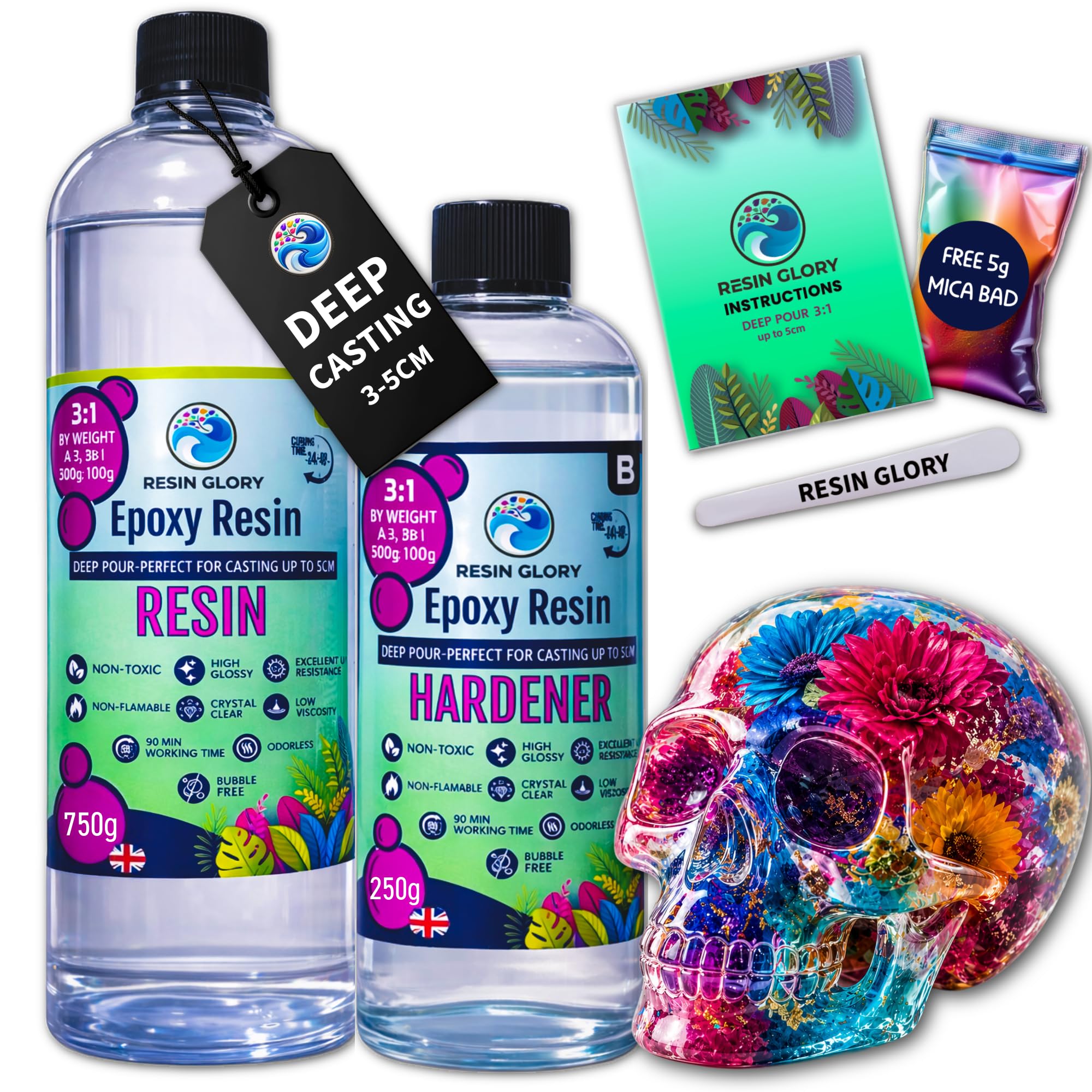 Resin Glory 3:1 Ratio Deep Pour Epoxy Resin Kit – 1kg Clear Casting Resin for Crafts & Art – Non-Yellowing, Bubble-Free, Heat Resistant – for Moulds, Wood, Jewellery & Resin Art (1 kg Set)