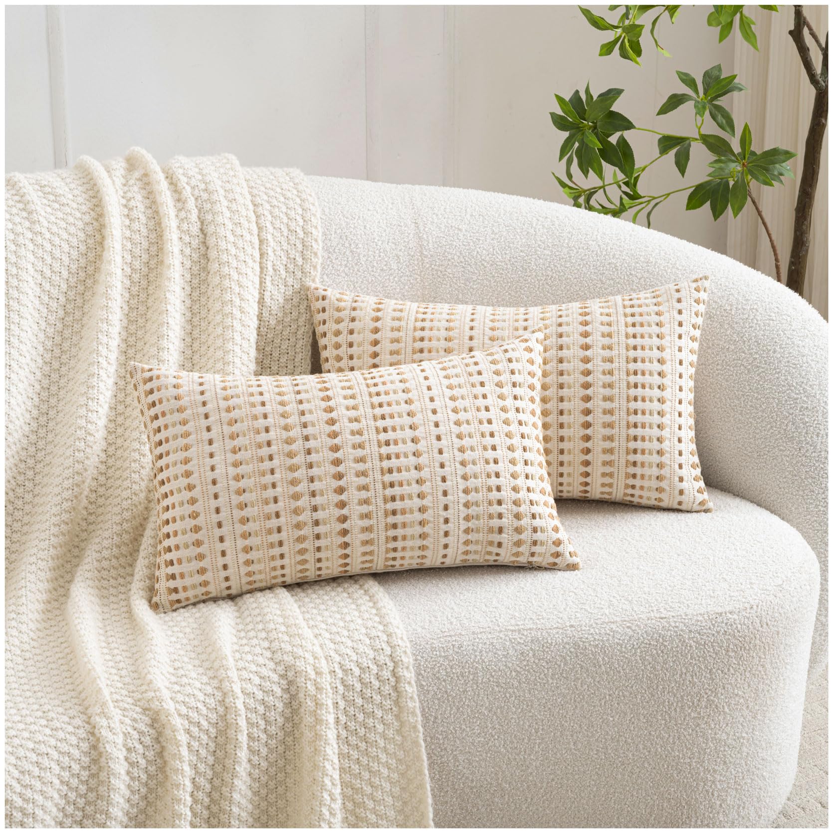 Zealax 12x20 Boho Throw Pillow Covers Lumbar Decorative Neutral Farmhouse Cushion Covers for Couch Bed Living Room, Cotton Textured Striped