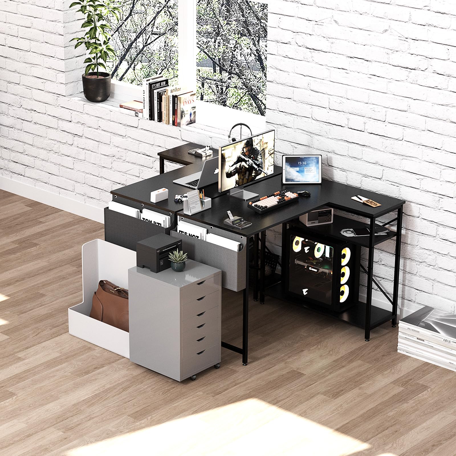 送料無料 注文 】 100cm_ブラック HomGiz パソコンデスク l字デスク 幅