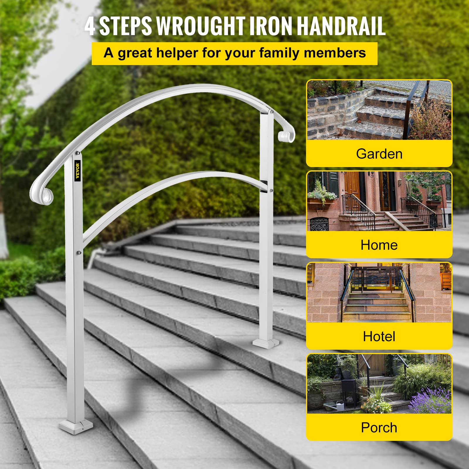 Happybuy Handrails for Outdoor Steps, Fit 1 or 4 Steps Outdoor Stair Railing, White Wrought Iron Handrail, Flexible Front Porch Hand Rail, Transitional Handrails for Concrete Steps or Wooden Stairs