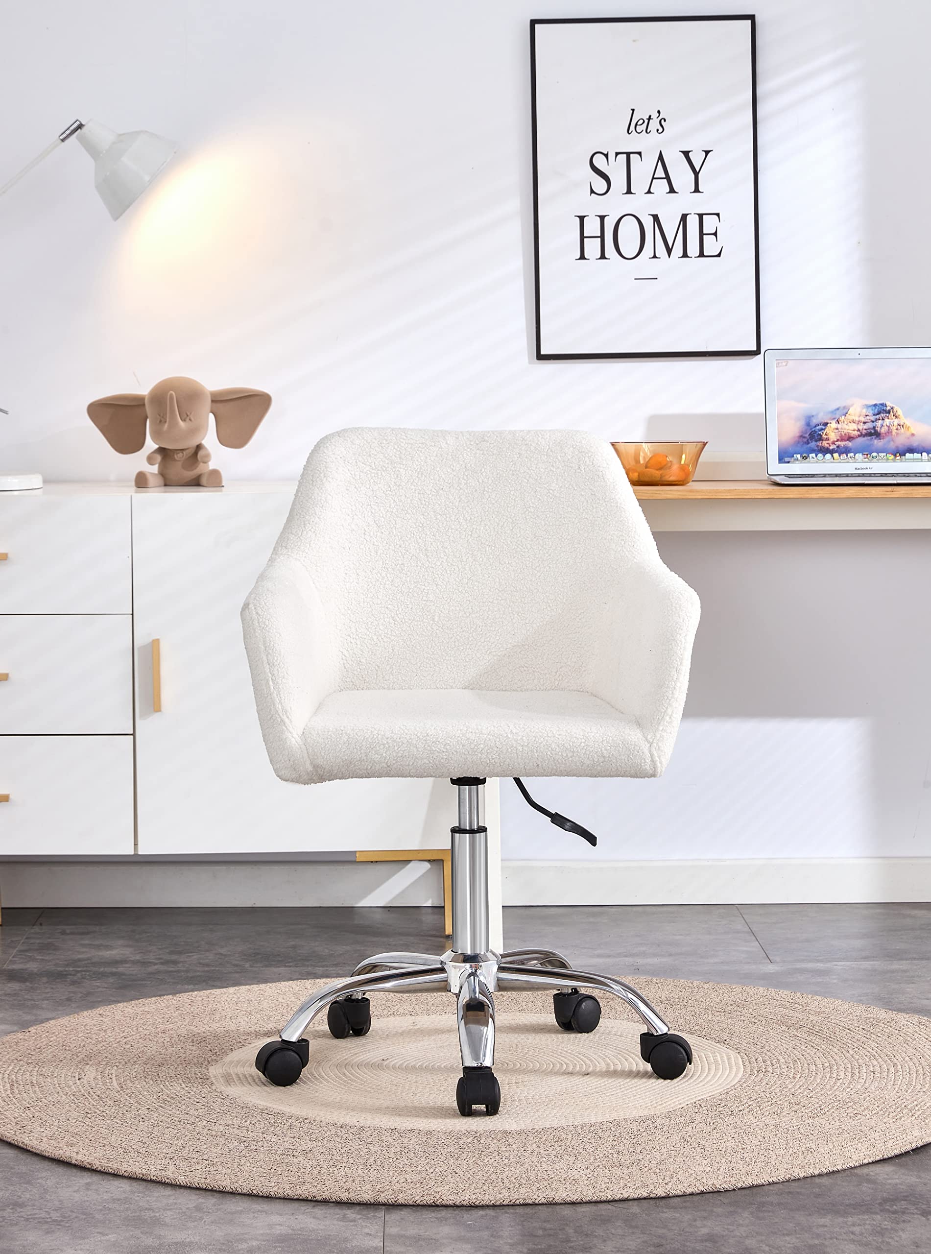 HomVent White Faux Fur Chair with Wheels, Modern Faux Fur Makeup Stool, Height Adjustable Home Office Desk Chair Plush Vanity Stool for Bedroom/Living Room