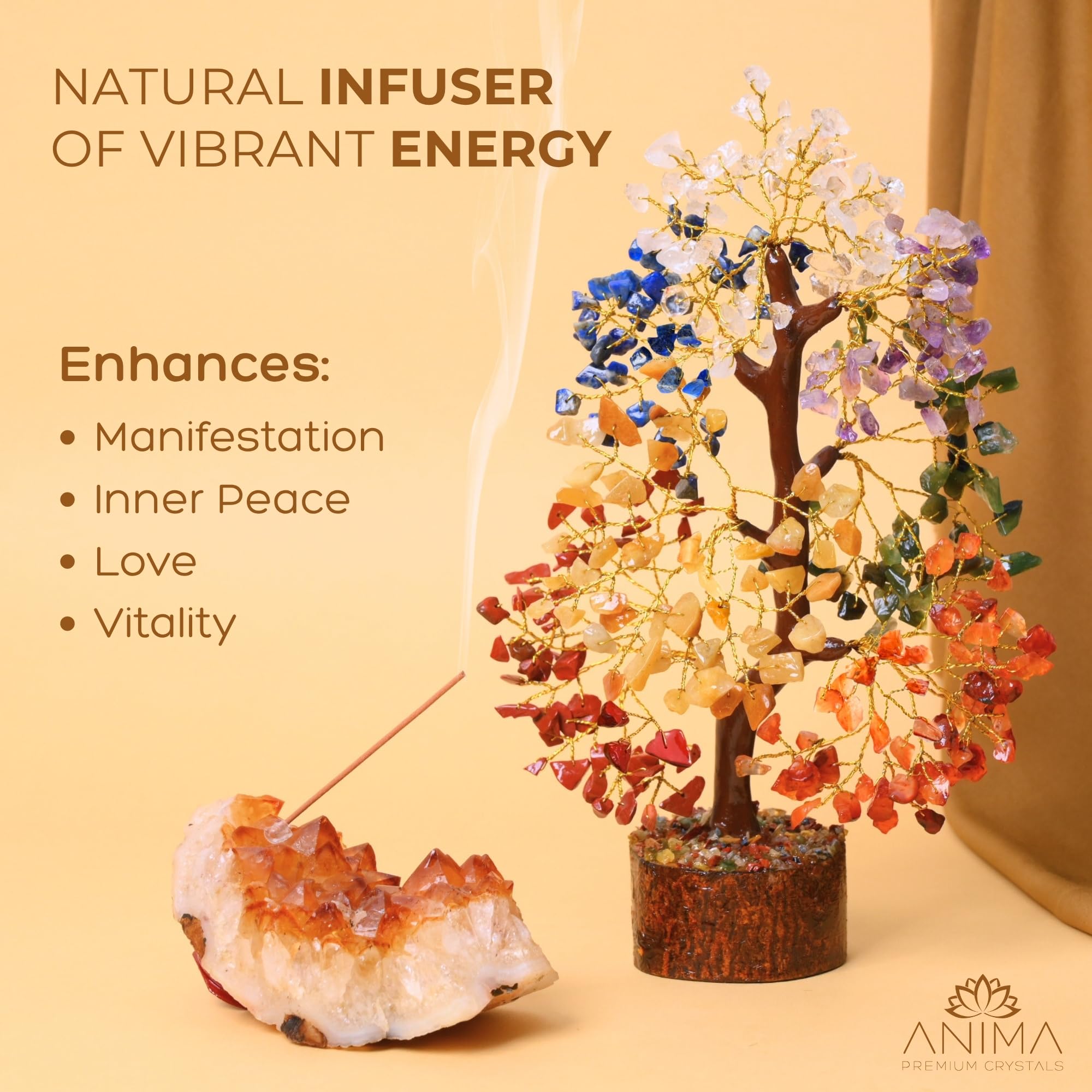 Anima Árbol de la Vida de Cristal – Árbol de 7 Chakras para Sanación, Armonía, Energía Positiva, Suerte y Manifestación – Incluye Guía y Caja de Regalo – Artesanía Ética de India
