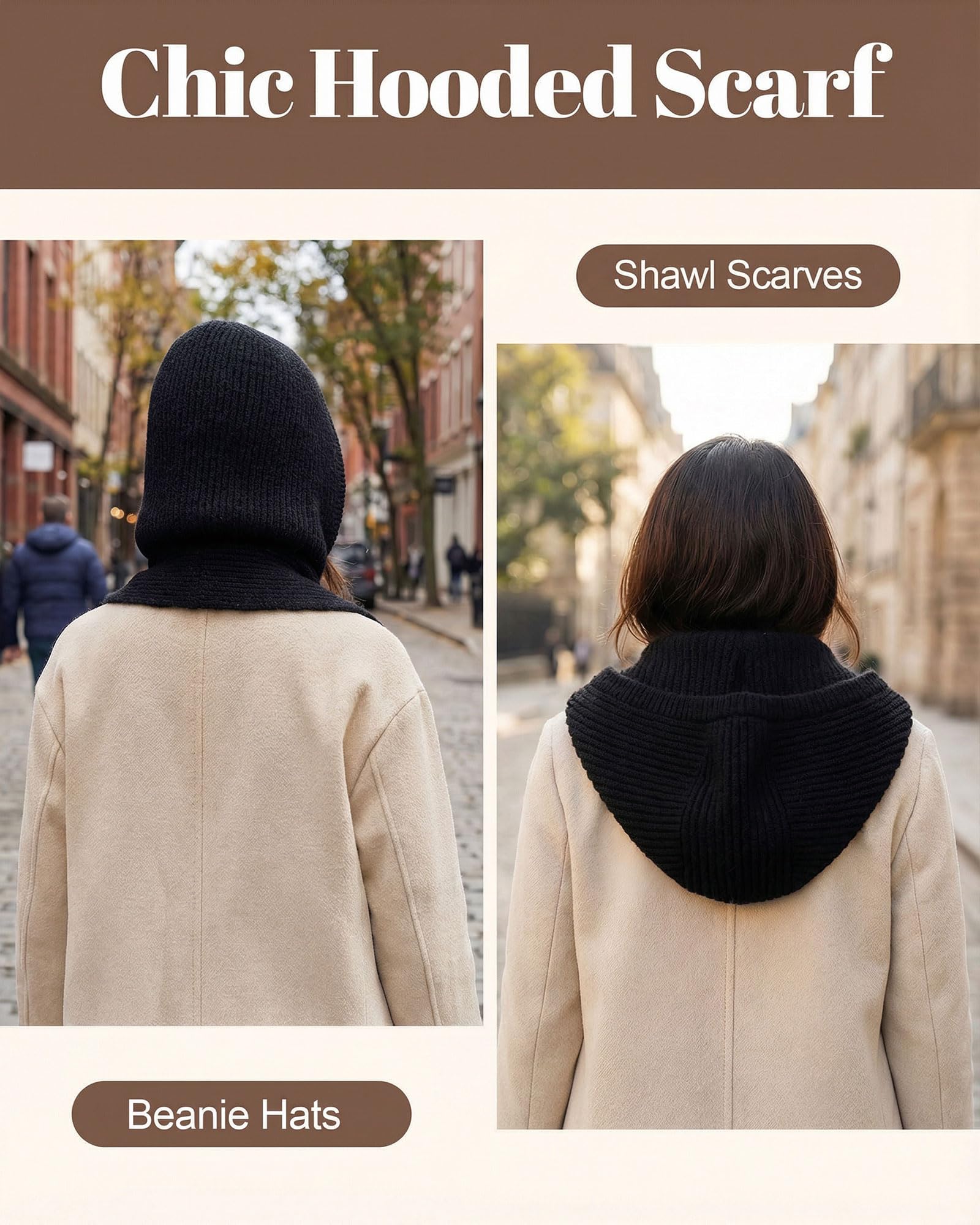 Baonmy Women’s Winter Balaclava Hat 2 in 1 Hooded Scarf Cover Ears with Scarf Knitted Beanie Cap Hat Windproof Neck Warmer - 3