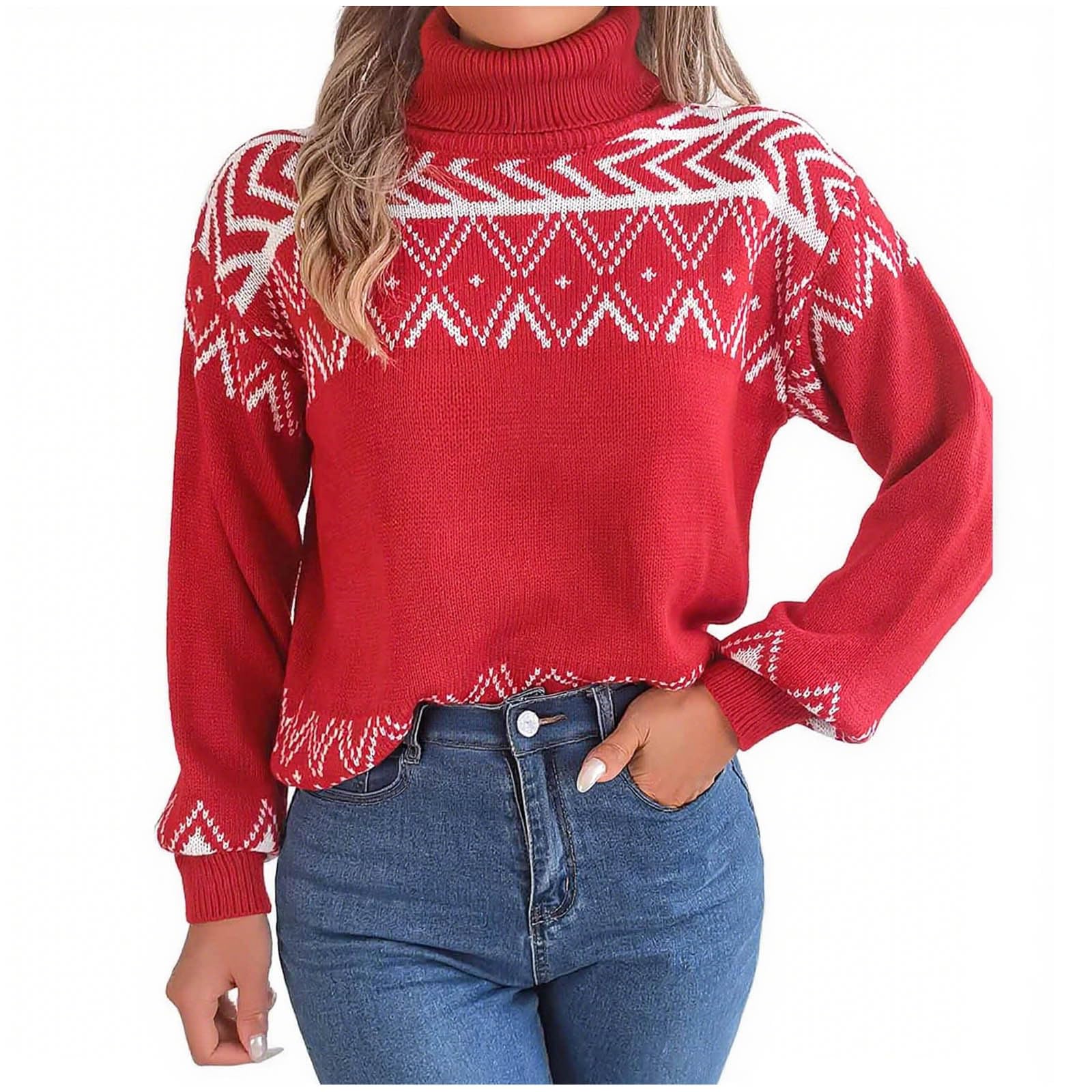 Womens Turtleneck Sweater Fall Winter 2025 Long Sleeve Knitted Print Sweaters Trendy Going Out Warm Pullover Tops