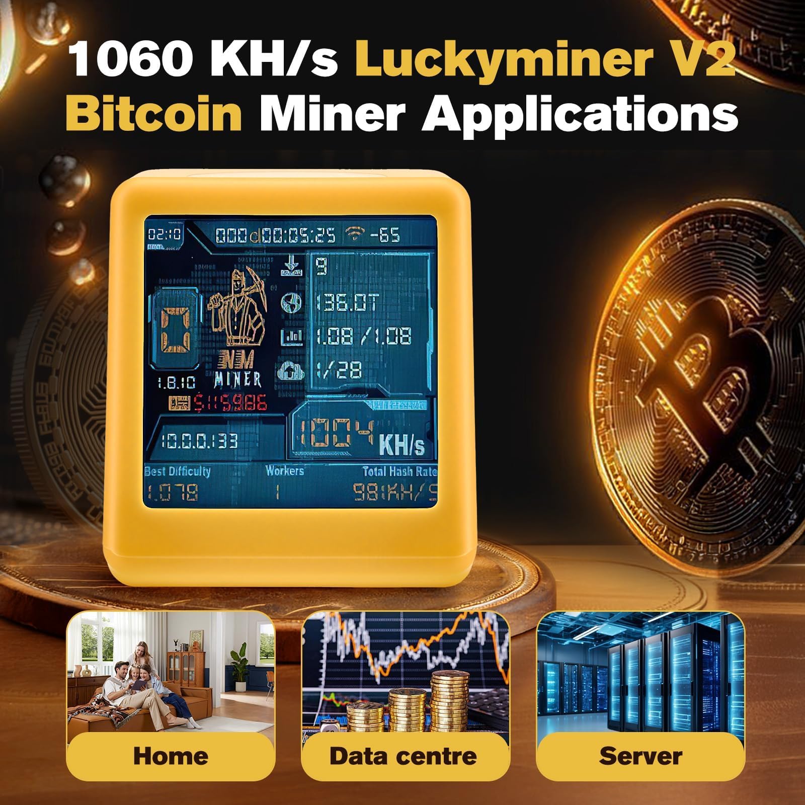 Luckyminer V2 Bitcoin Miner - 1060 KH/s Solo Lottery Miner Mit ESP32-WROOM-32, 1,54-Zoll-Display & Hash-Rate-Rechner - Plug & Play USB Miner Für Zuhause, Büro & Als Tischuhr (Kompatibel Mit V2)