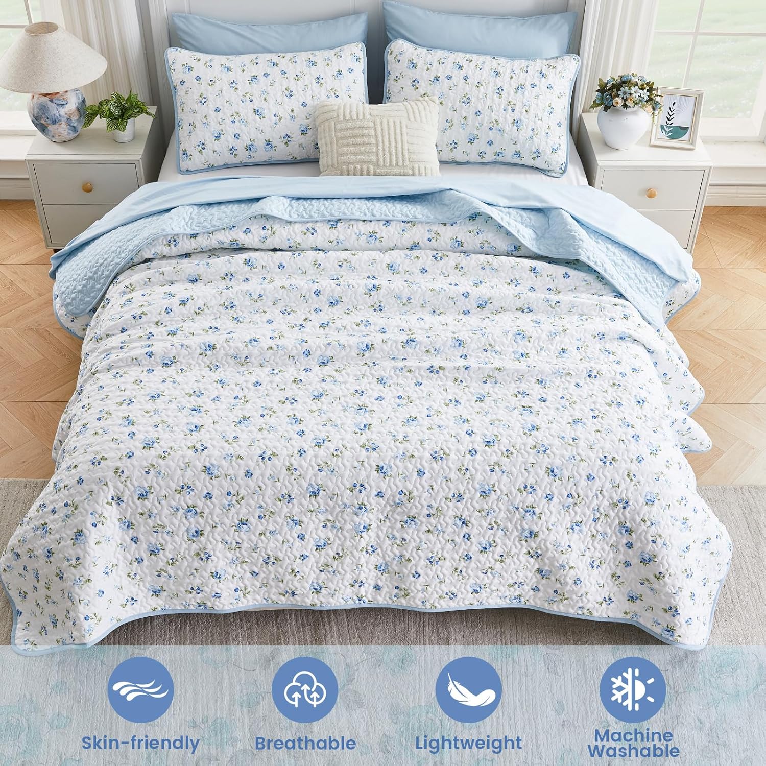 Oversized King Size Quilt Set 128x120 Blue Floral Extra Wide Super King Size Quilted Bedspread Coverlet 3-Piece Garden Style Flowers Reversible Comforter Bedding Set Bed Cover with 2 Pillow Shams