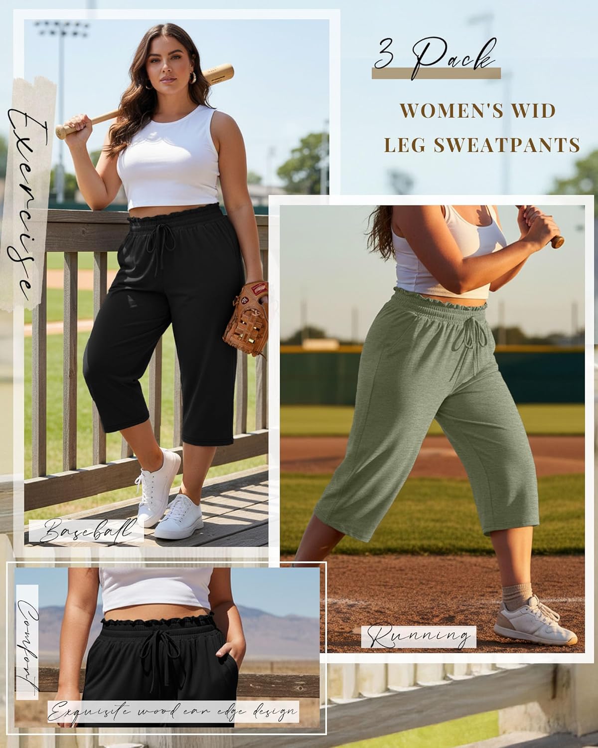 Neer 3 Pack Women's Plus Size Capris High Waisted Drawstring Wide Leg Cropped Sweatpants Lounge Yoga Pants with Pockets - Image 4