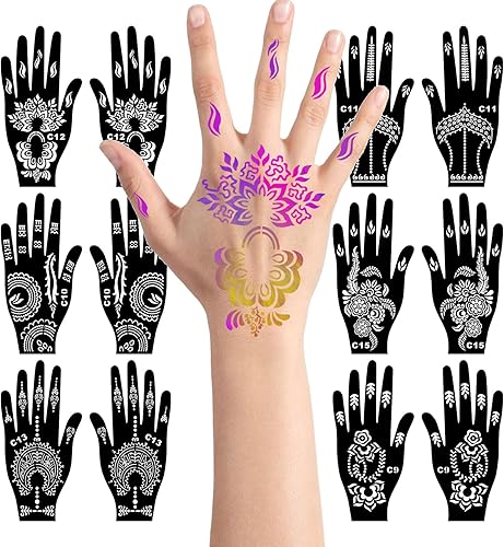Kit de plantillas de tatuaje de henna, plantillas de henna reutilizables para mano, antebrazo, brillantina, aerógrafo, plantilla de tatuaje,