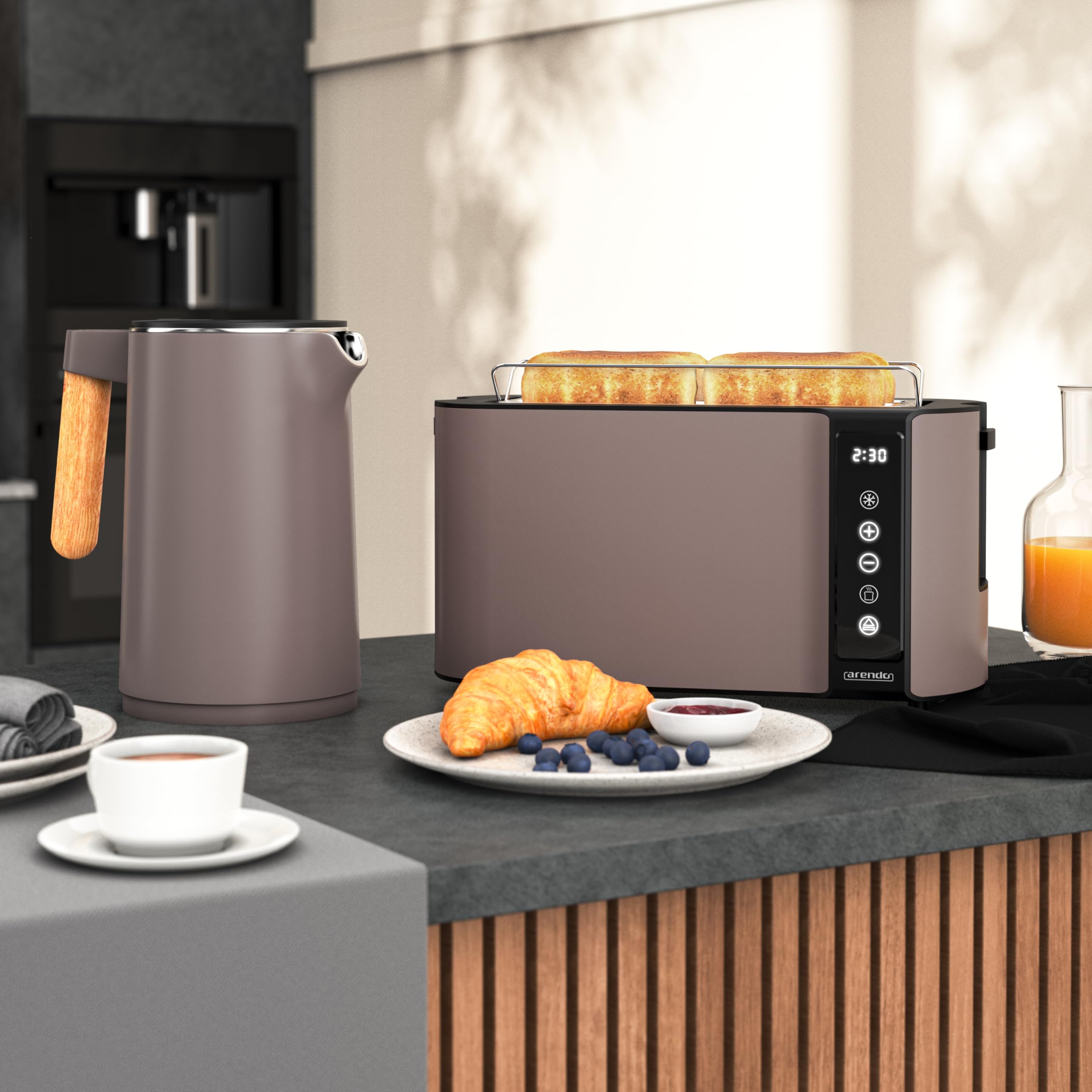 Arendo Küchen Set Edelstahl Wasserkocher Temperatureinstellung Toaster Langschlitz 4 Scheiben Touchpanel LED Display