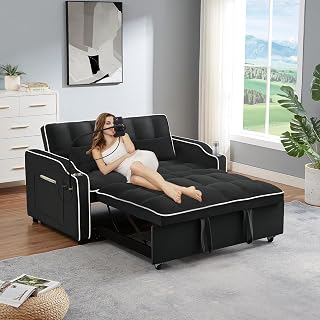 JEEOEHY 3 in 1 Convertible Sleeper Sofa Bed,Velvet Pull Out Couch Bed w USB&Type C Port,Comfy Futon Loveseat w Adjustable Backrest&Phone Stand&Cup Holder for Living Room Apartment Small Space(Black)