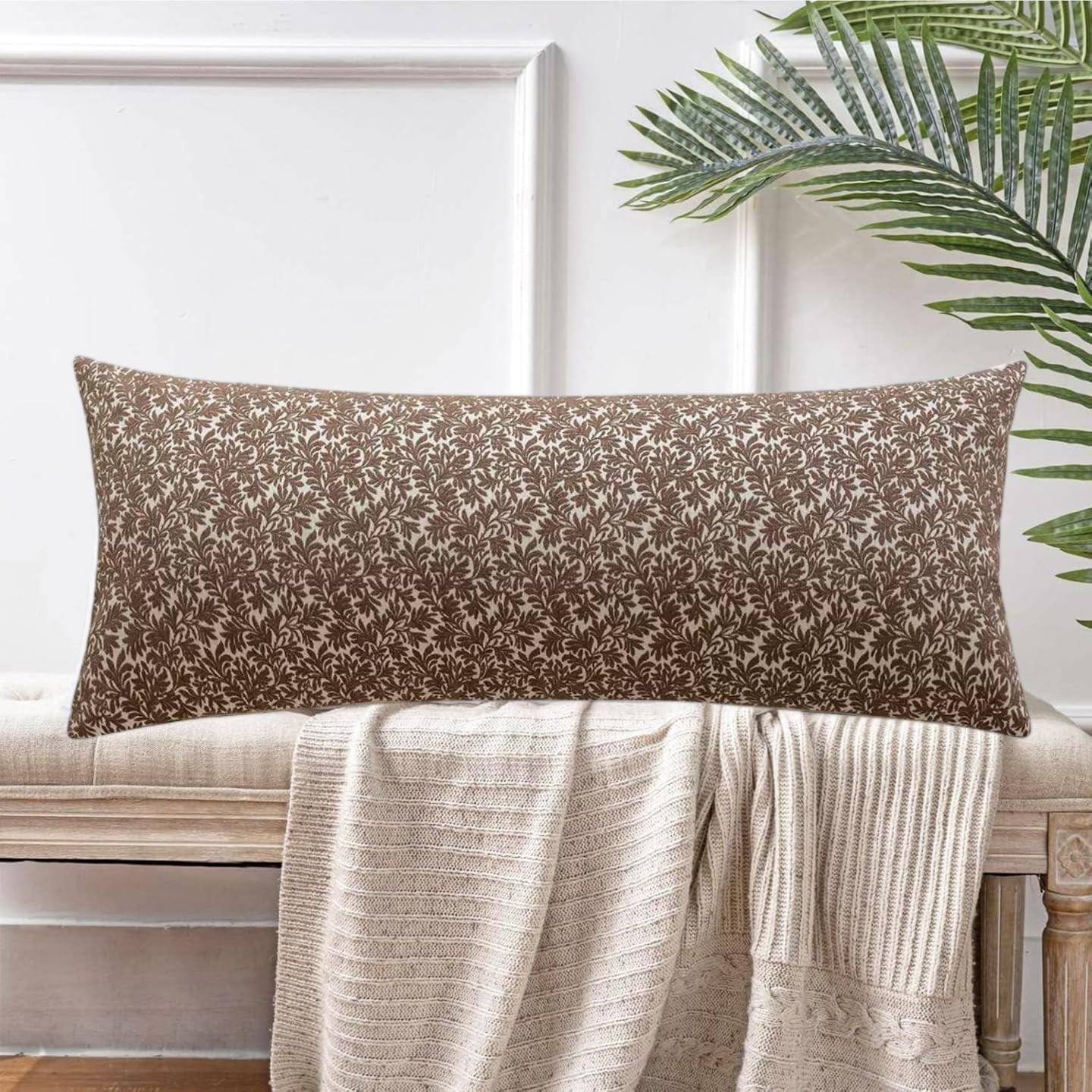 Chenille Long Lumbar Throw Pillow Cover 14x36 Inch, Jacquard Weave Cushion Cover, Farmhouse Rectangle Decorative Pillowcases for Bed Sofa Farmhouse Livingroom, 1 Pack (Brown)