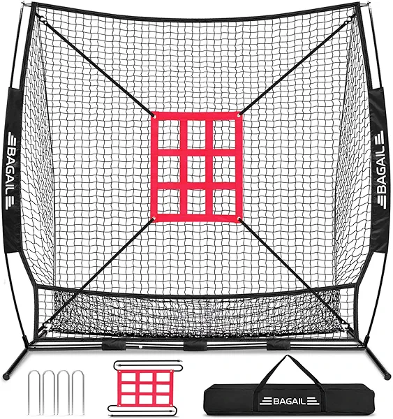 BAGAIL 7x7 ft Baseball & Softball Practice Net with Bow Frame for Batting, Hitting, Pitching, Portable Baseball Throwing Net with Strike Zone, Carry Bag, Baseball Training Aid for All Levels
