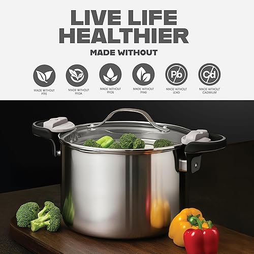 Miniatura 4 de GOTHAM STEEL Olla de Caldo de Acero Inoxidable de 8 Qt Olla Multiusos para Pasta con Tapa Coladora y Asas de Giro y Bloqueo, para Sopa, Espaguetis,