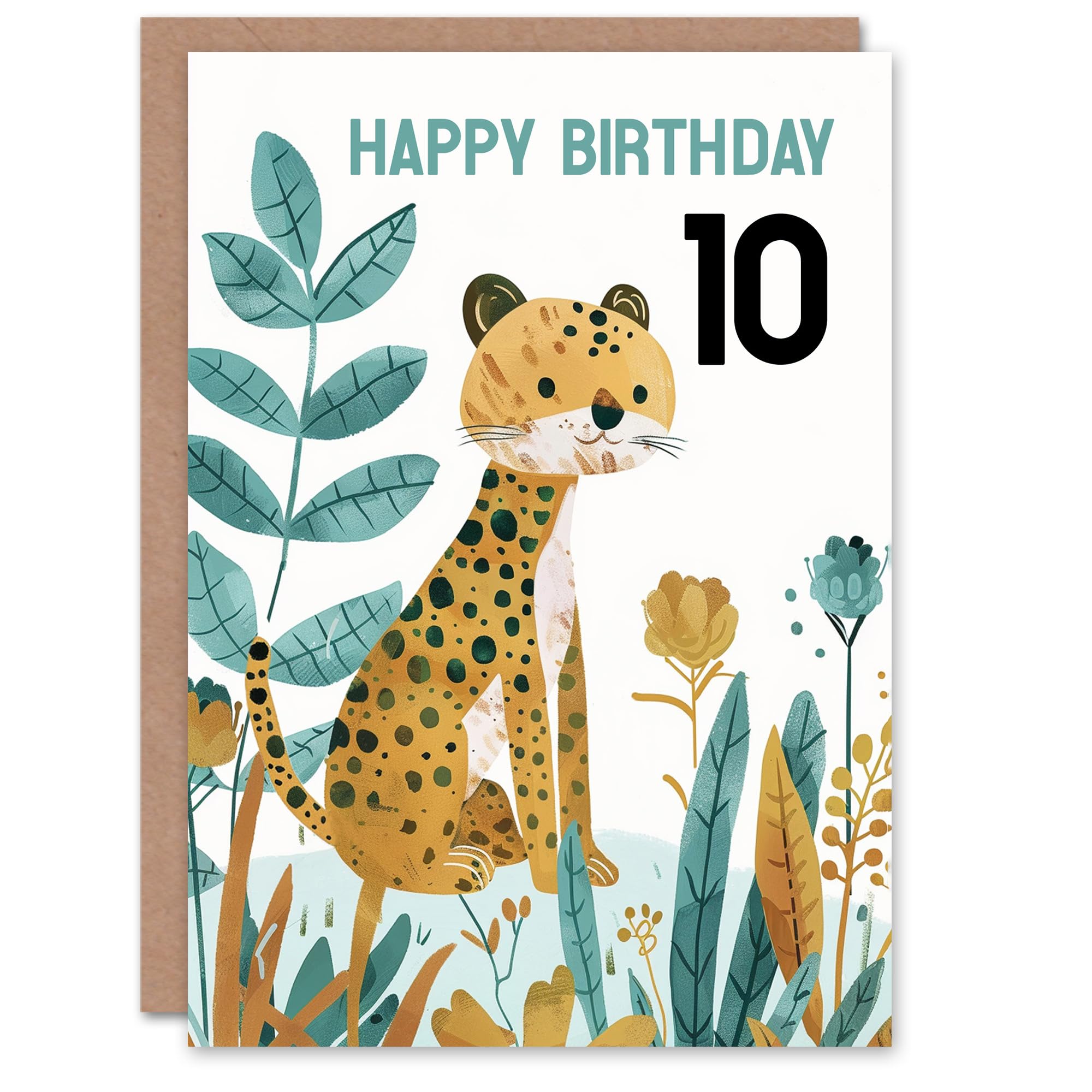 Artery8 Kids Age 10 Birthday Card - Cheetah Jungle Plants - Mustard