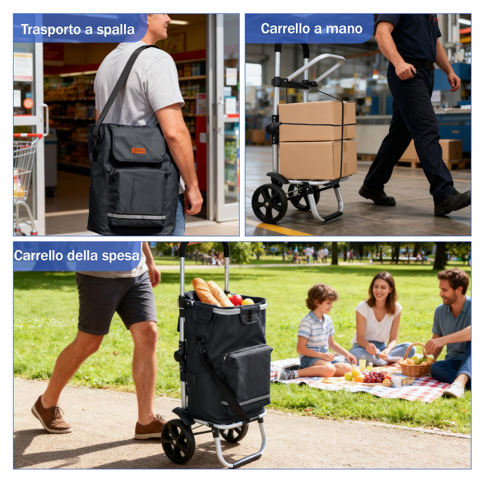 Sekey Chariot de Courses Pliable avec Sangle de Fixation, Caddie Isotherme 3 en 1 avec Sac à Bandoulière et Porte-Bouteille, Trolley et Diable Pliable Idéal pour les Courses et le Camping – Noir