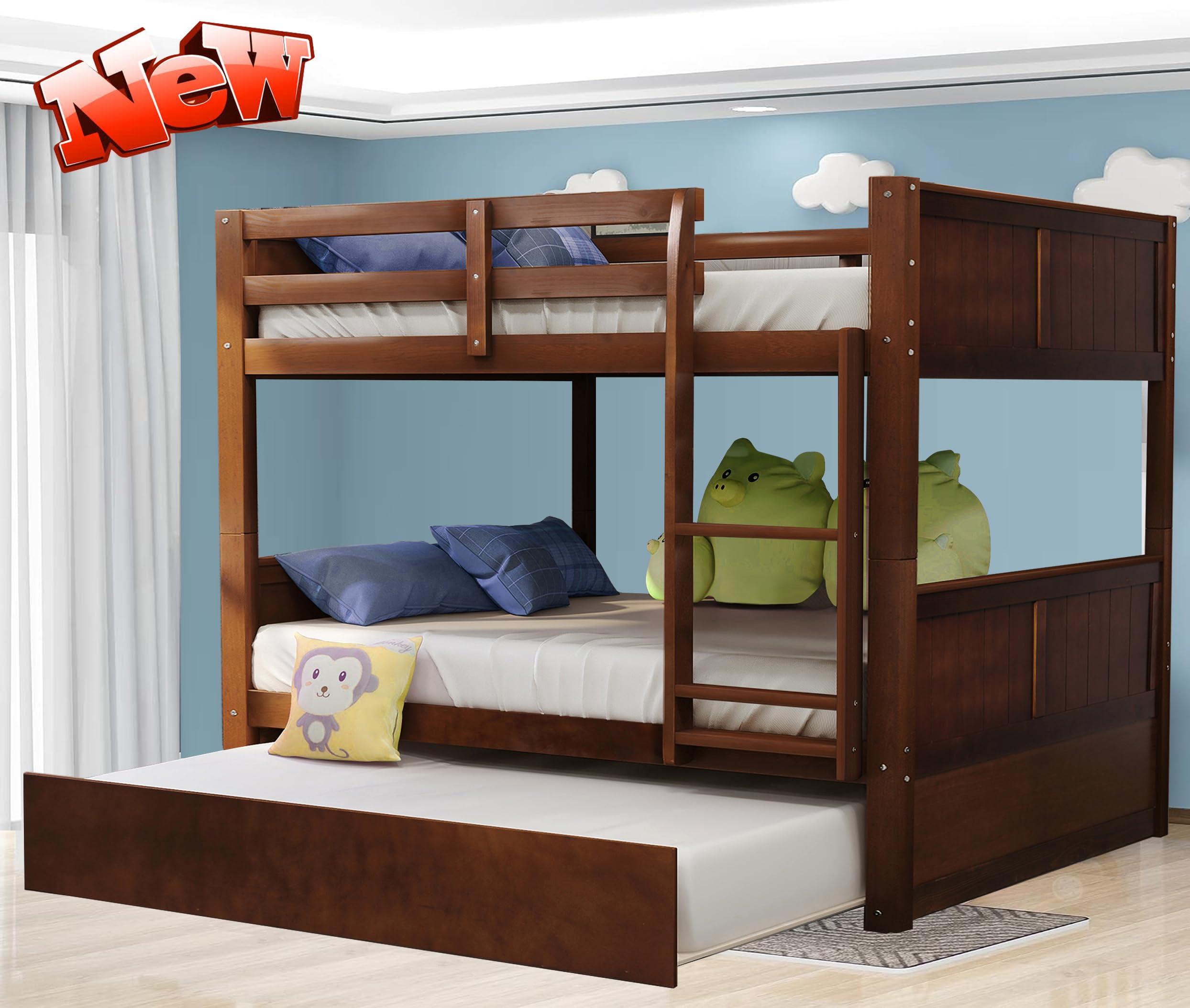 SIMPLEZC New Upgrade Thicken Solid Wood Full Over Full Bunk Bed with Trundle, Stronger Bunk Beds Frame Full Over Full Size for Kids, Adults,