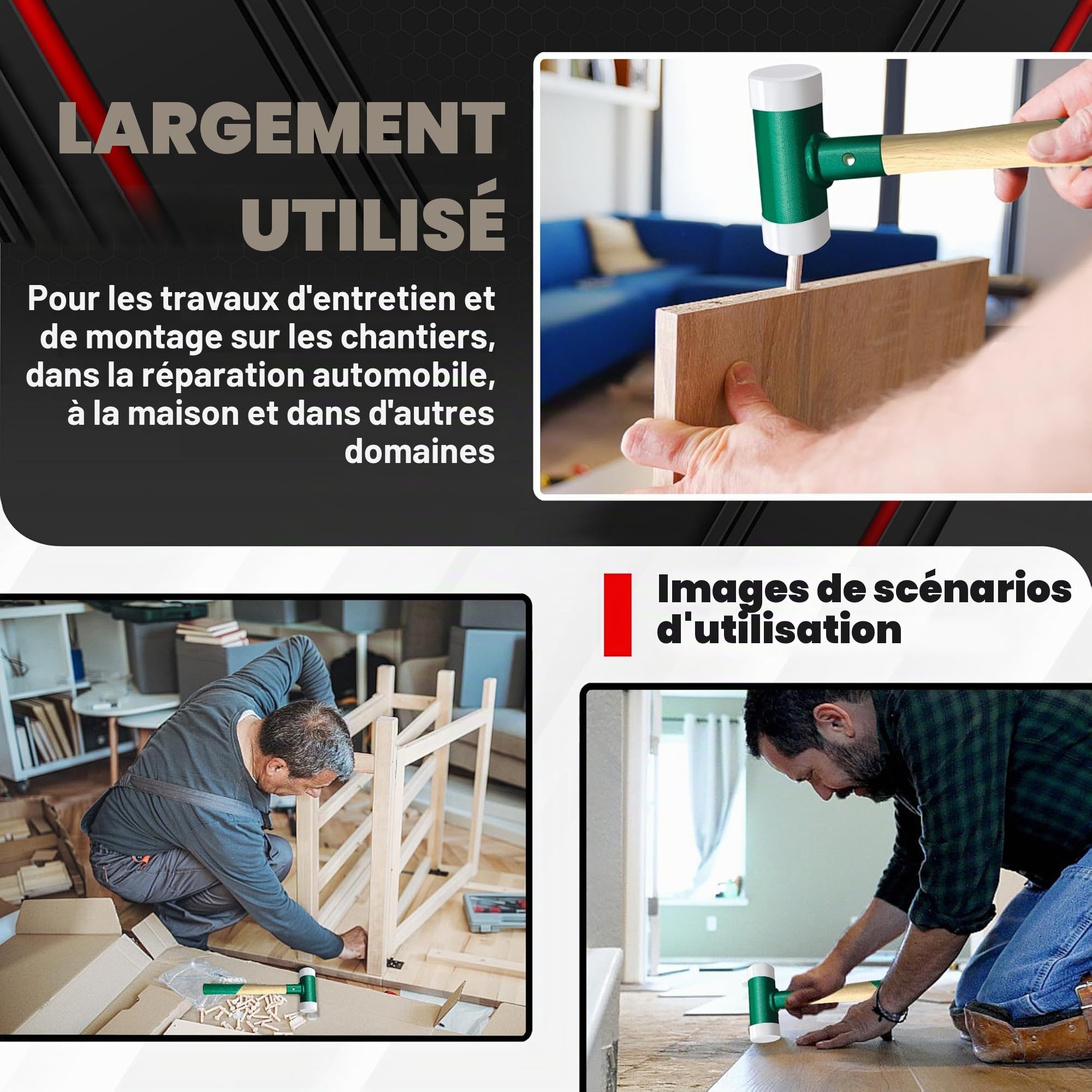C&T Marteau de protection, maillet souple, diamètre : 40 mm, manche en bois avec tête en nylon interchangeable pour l'entretien et le montage, poignée en bois de 40 mm