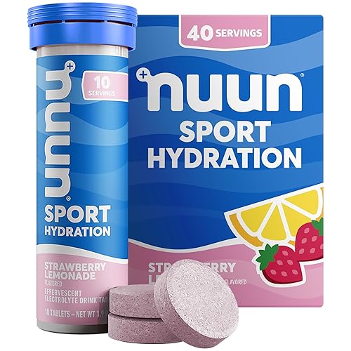 Nuun Sport Electrolyte Tablets with Magnesium, Calcium, Potassium, Chloride & Sodium, Gluten Free & Vegan, Strawberry Lemonade, 4 Pack (40 Servings Total) - Strawberry Lemonade - 10 Count (Pack of 4)