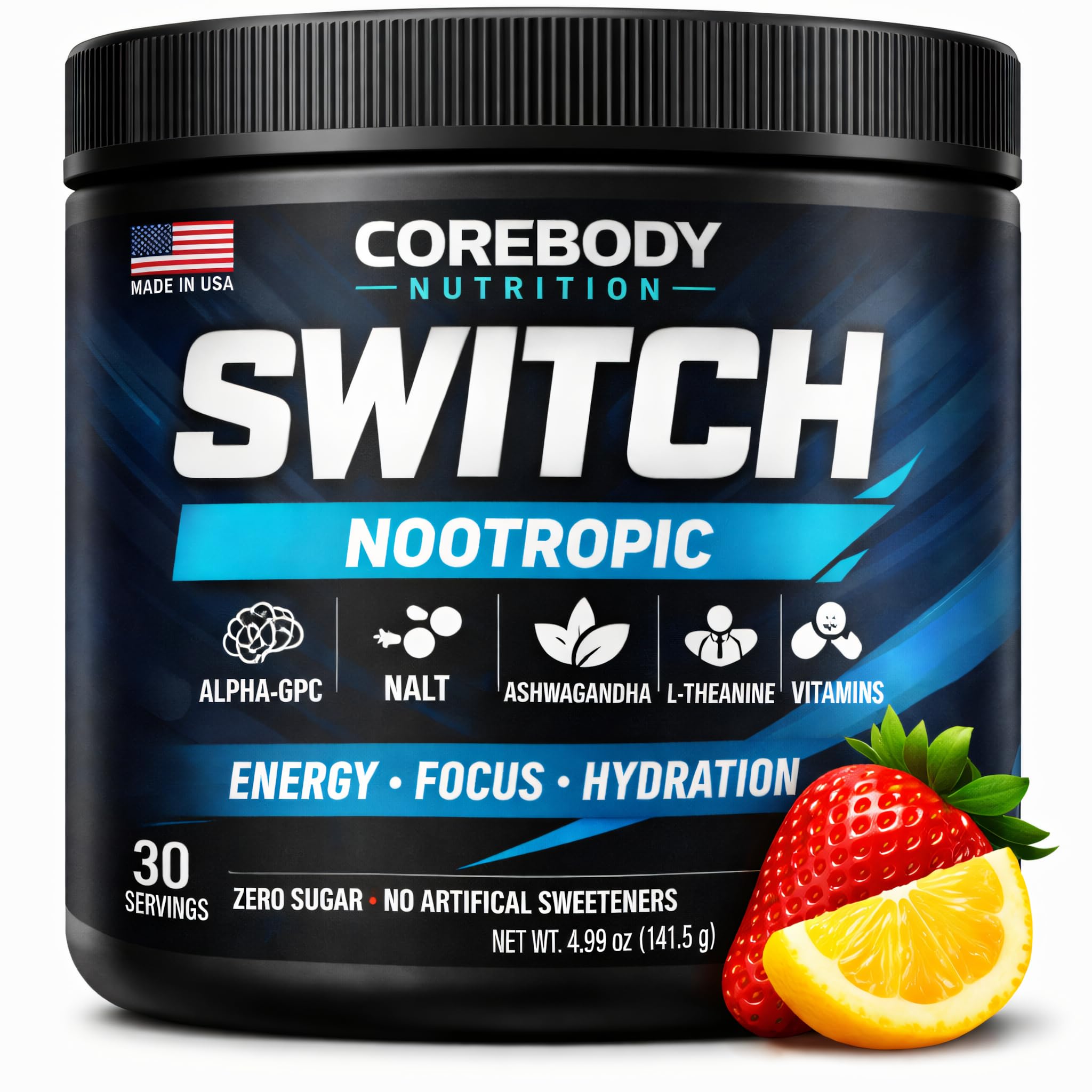 Switch, Brain Boosting Nootropic Energy Supplement Powder - Made in USA - Alpha GPC, NALT, Ashwagandha, Sugar Free Energy, Keto, Increase Mental Focus & Cognitive Function, Enhances Mood & Memory