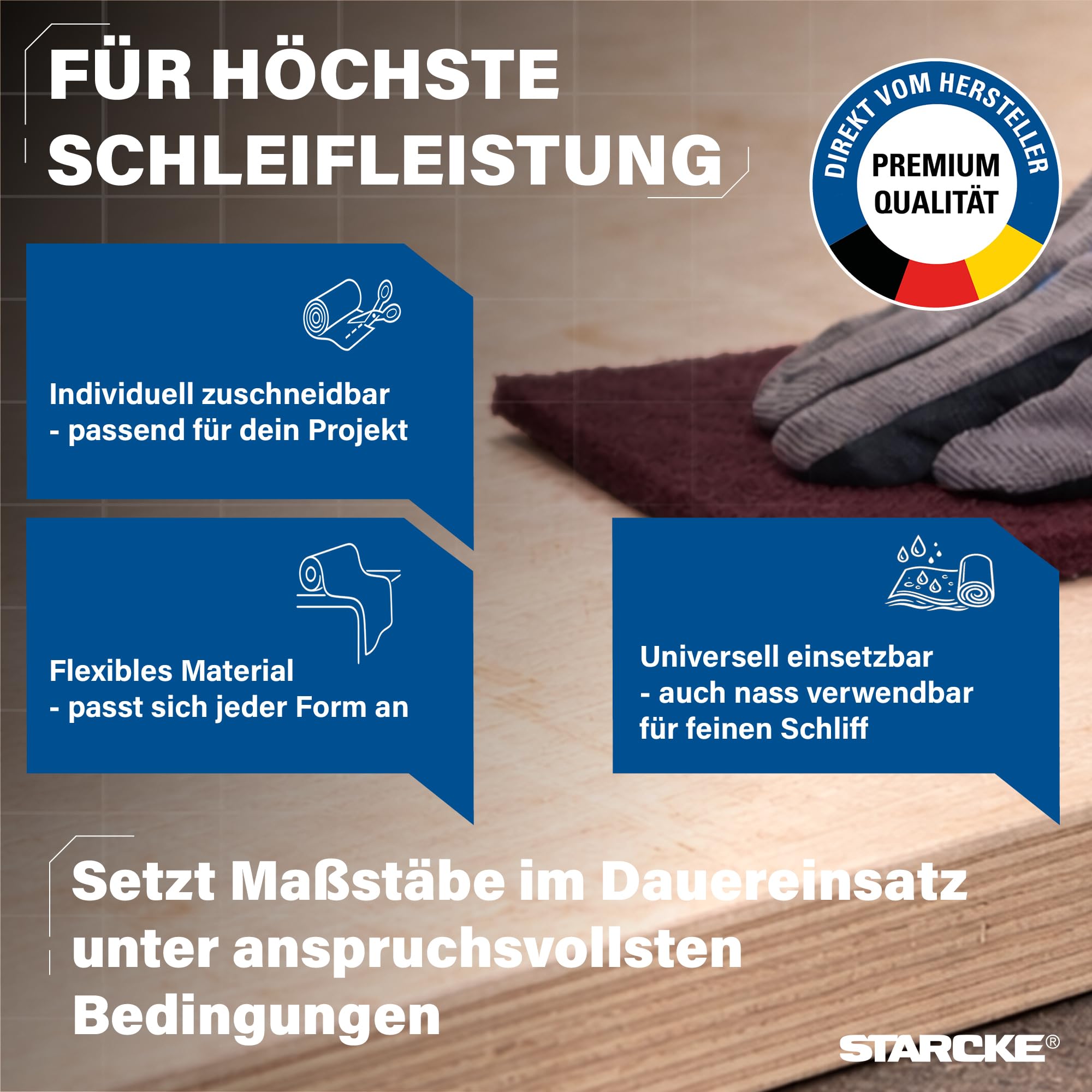 STARCKE® Schleifvlies Holz [10m x 115mm] - Schleifvlies Rolle [180-360] mit Korund - für Lack, Kunststoff, Holz bei Möbelbau, Innenausbau, Oberflächenbearbeitung (180-220)