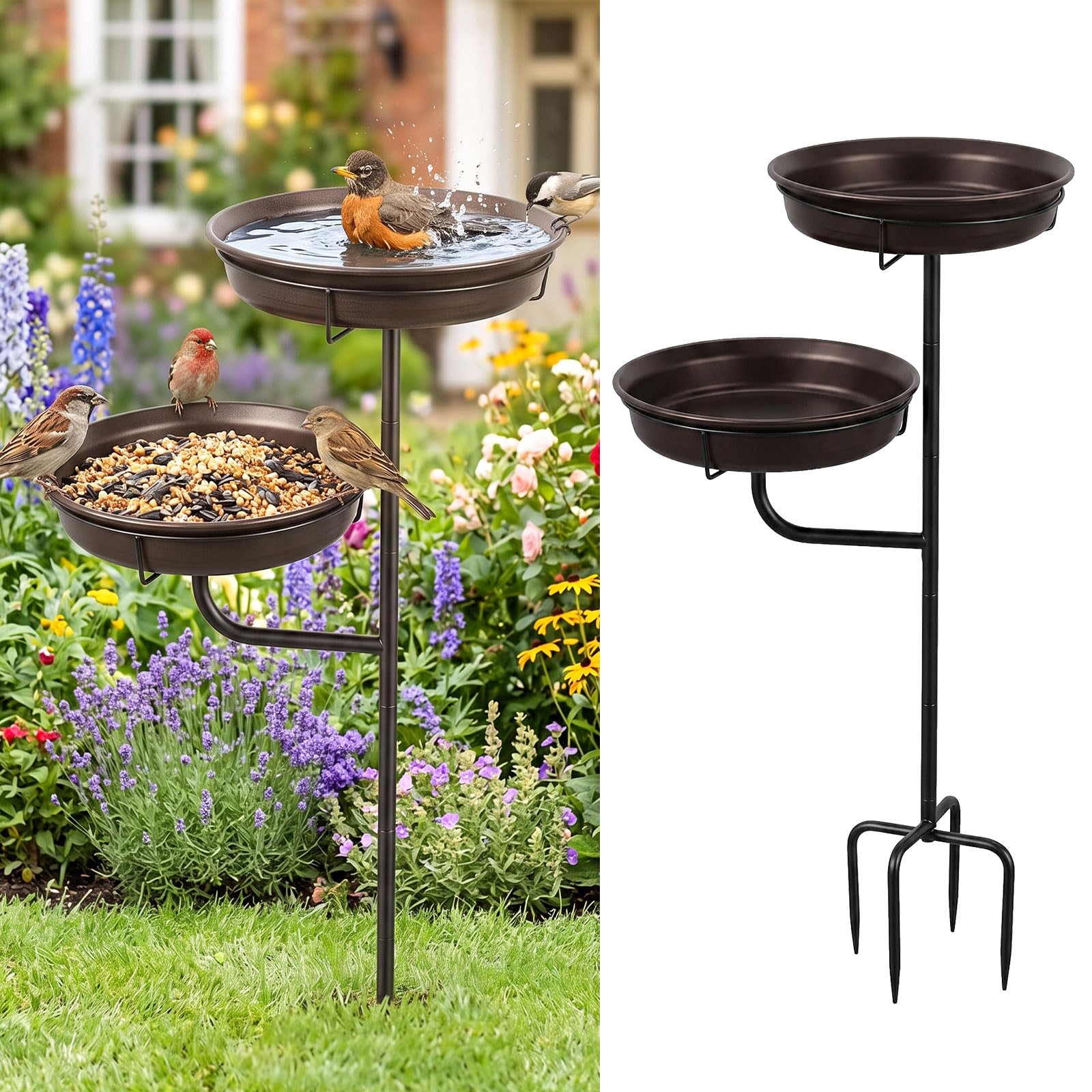Wenrecu Metal Bird Bath & Feeder Bowl for Garden, Freestanding with Carbon Steel Stand, Rust-Resistant Finish & 4 Ground Spikes, Outdoor Patio Lawn Decor (Antique Bronze)